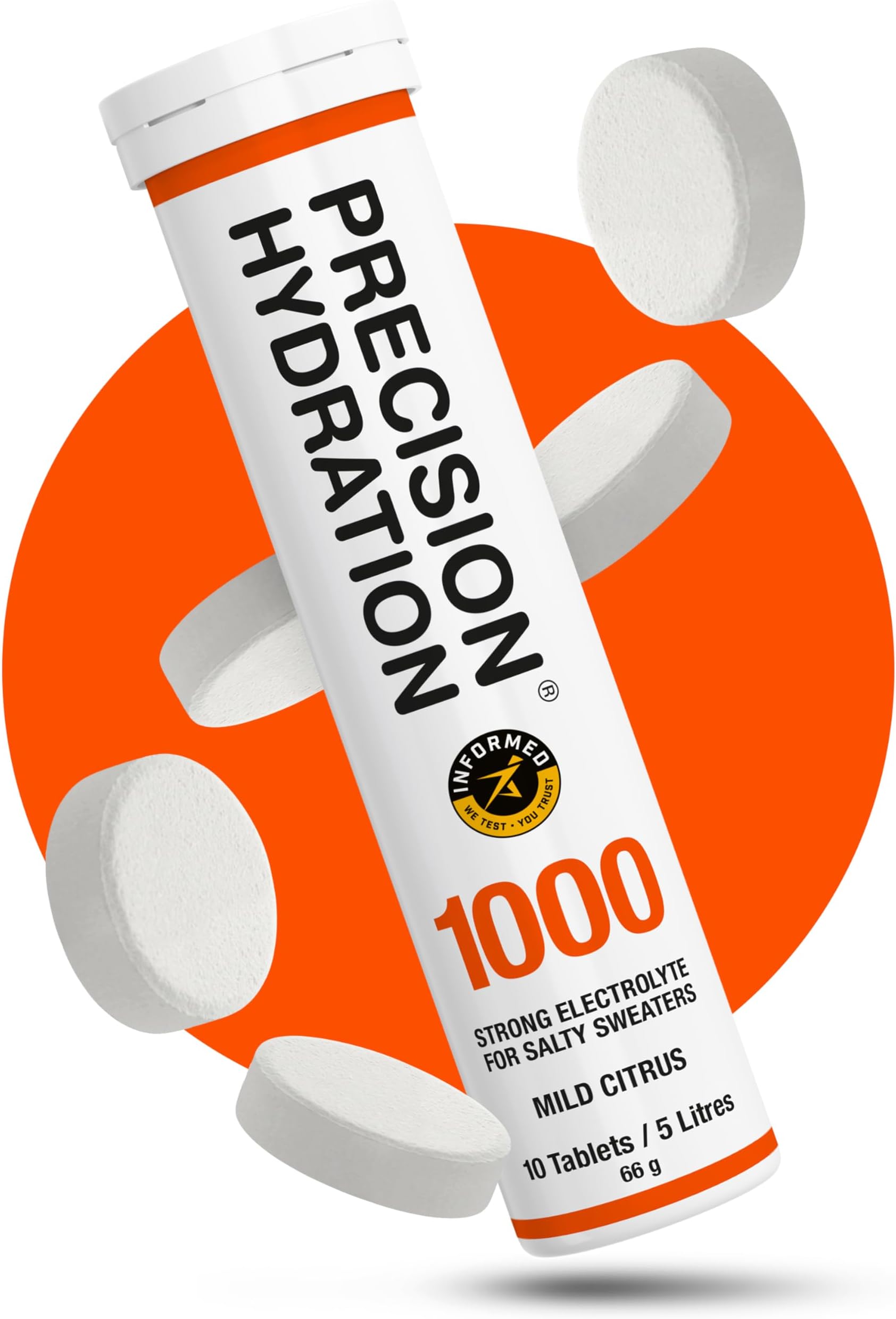Precision Hydration Electrolyte Tablets - Multi Strength Effervescent Hydration Tablets - Combats Cramp - Low Calorie, Gluten Free, Vegan/Vegetarian Friendly (1 Tube, 1000mg/L - Orange Tube)