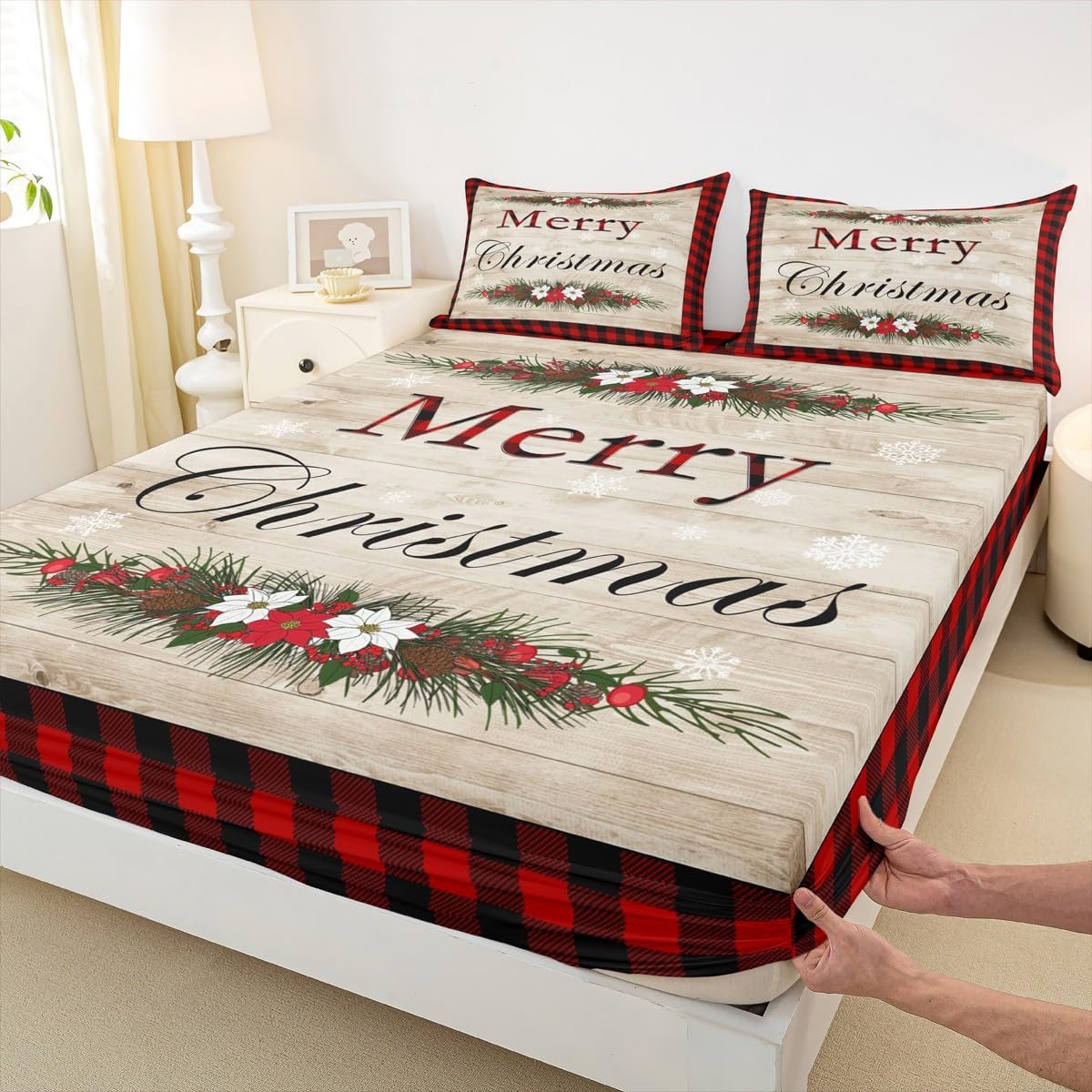 Merry Christmas Lightweight Quilt Set for Kids Teens,Red and Black Grid Bedspread,Vintage Wood Bed Cover Xmas Theme Bedding Set Decorative Quilted 2 Piece Coverlet Set with 1 Pillow Sham,Twin Size