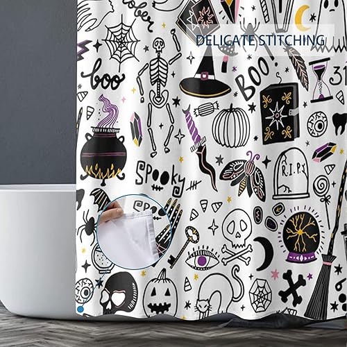 Miniatura 6 de Juego de 4 cortinas de ducha de Halloween con alfombra de baño, tapete en forma de U, cubierta de tapa de inodoro y 12 ganchos, accesorios de