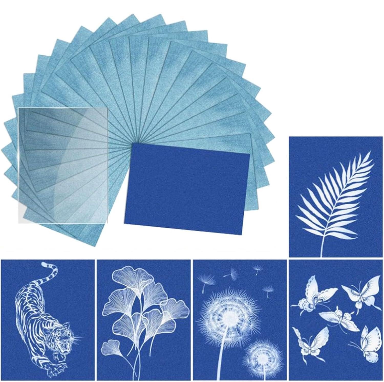 Cyanotype Paper Kit - 32PCS A5 High Sensitive Sun Art Paper Kit with Acrylic Panel and 4 Clips, 21×14.8cm Nature Sun Printing Papers Set for Kids Adults Arts Crafts Solar Drawing Papers DIY Projects