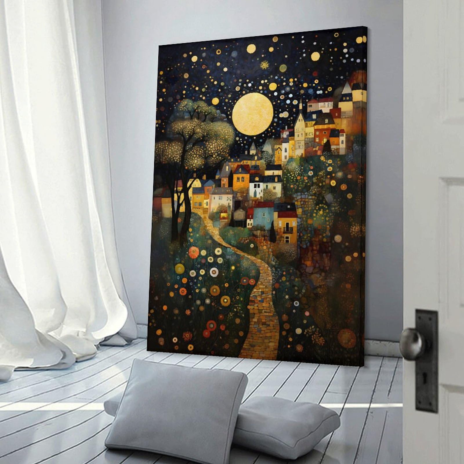 Gustav Klimt Mond Nacht Himmel Landschaft Florale Wandkunst Pflanzen Poster für Zimmer Ästhetik Leinwand Wandkunst Schlafzimmerdekor 40 x 60 cm (16x24 Zoll)