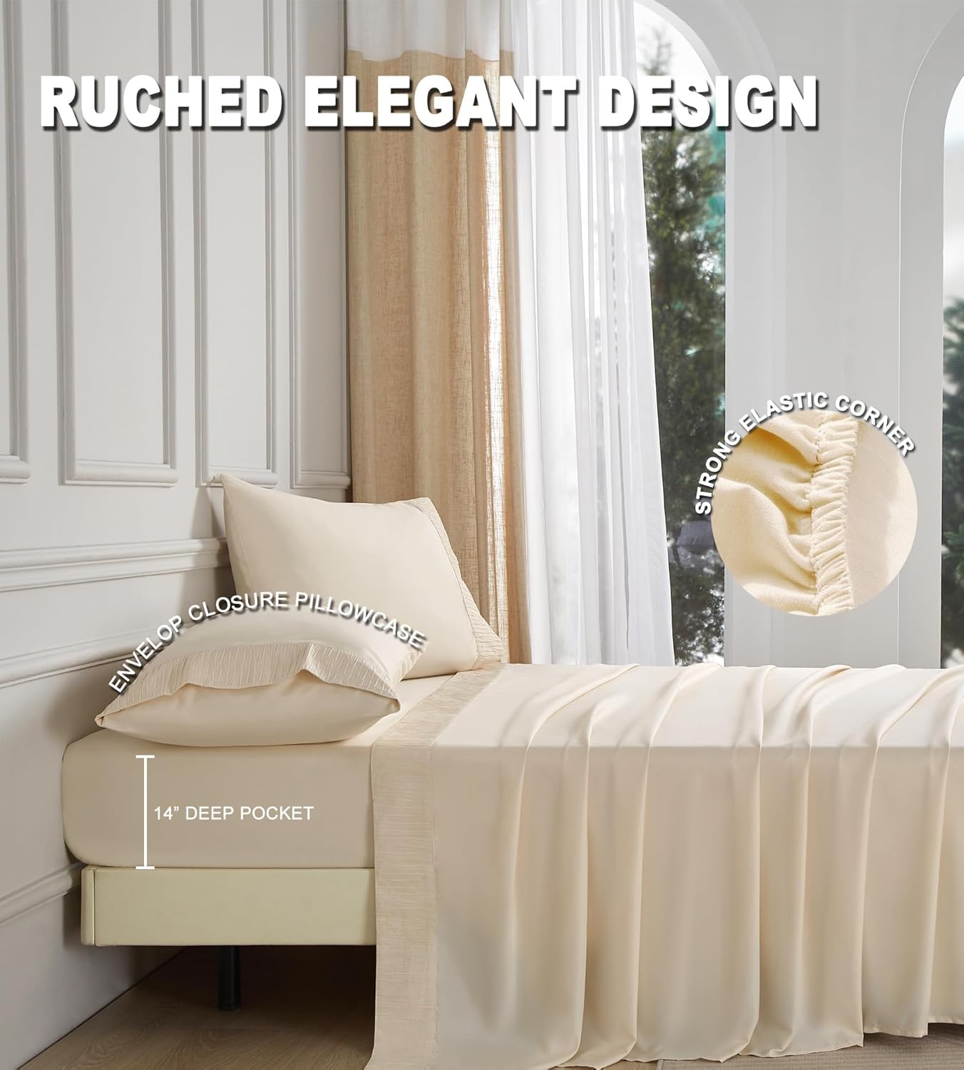 Beige Queen Sheet Set - Boho Ruched, Soft Aesthetic 4 Piece Bedding, Breathable, Cooling, Easy Care, 14" Deep Pocket