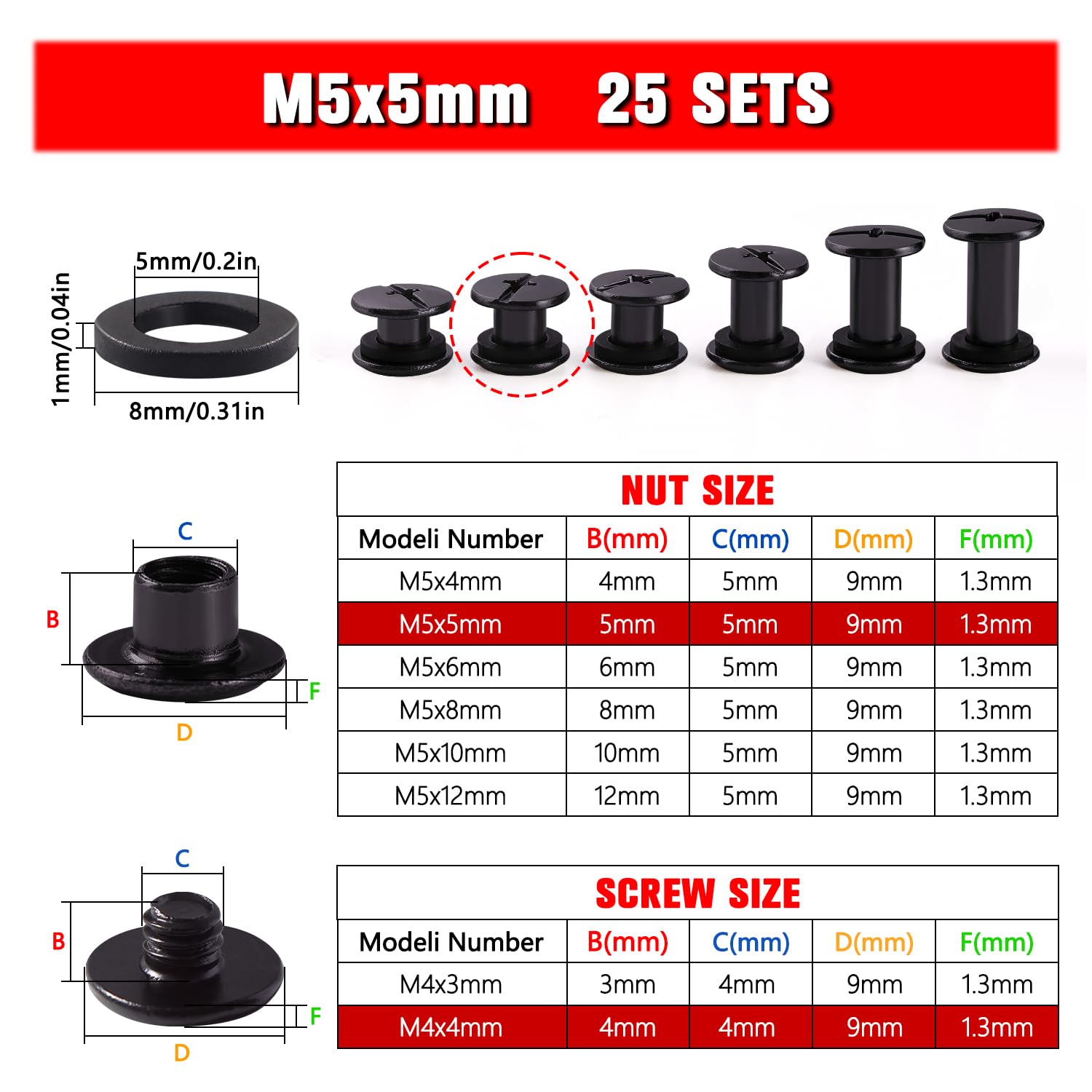 YIXISI 25 Set M5x5mm Chicago Binding Screws Kit, Book Binding Rivets, Leather Rivets, Binding Screws Posts - Image 2