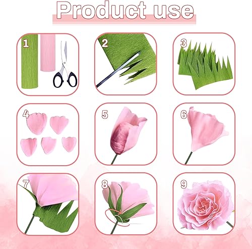 Miniatura 4 de MicButty - Juego de 42 flores de papel crepé, rollo de papel crepé con cinta floral, flores de alambre de hierro floral para manualidades, boda,