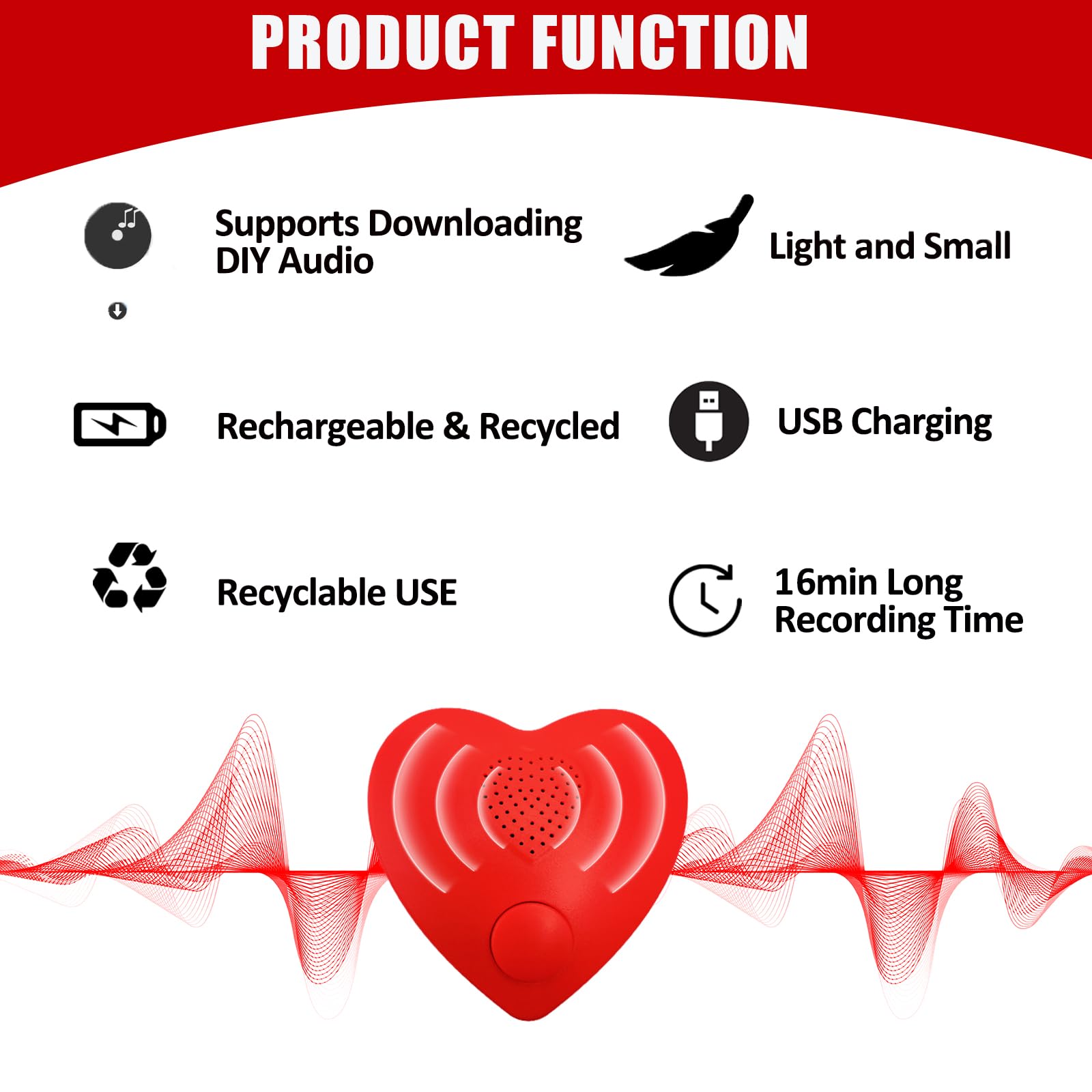 16 Minütiger Diktiergerät, Unterstützt das Herunterladen von Soundrekorder-Chips-Modul für Stofftiere, Weihnachts,Valentinstag-Plüschtiere,Manuelle DIY-Kreativgeschenke für Jungen und Mädchen (rot)