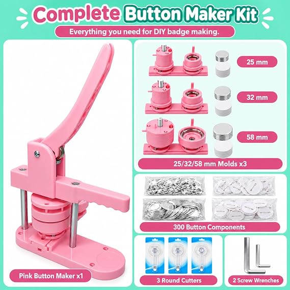 Button Maker Machine, 25mm/32mm/58mm Pin Maker with 300 Button Components