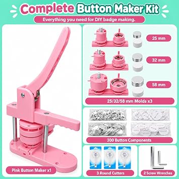 Button Maker Machine, 25mm/32mm/58mm Pin Maker with 300 Button Components