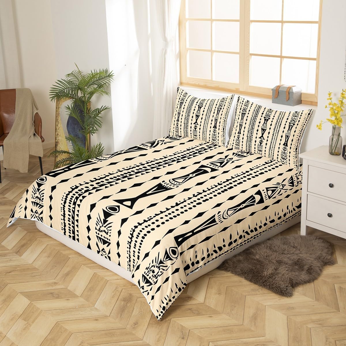 Manfei Exotic Tribal Stripes Duvet Cover Set Toddler Size,Geometric Lines Bedding Set(No Comforter),Ethnic Style Quilt Cover for Kids Bedroom Decor,2 Pcs