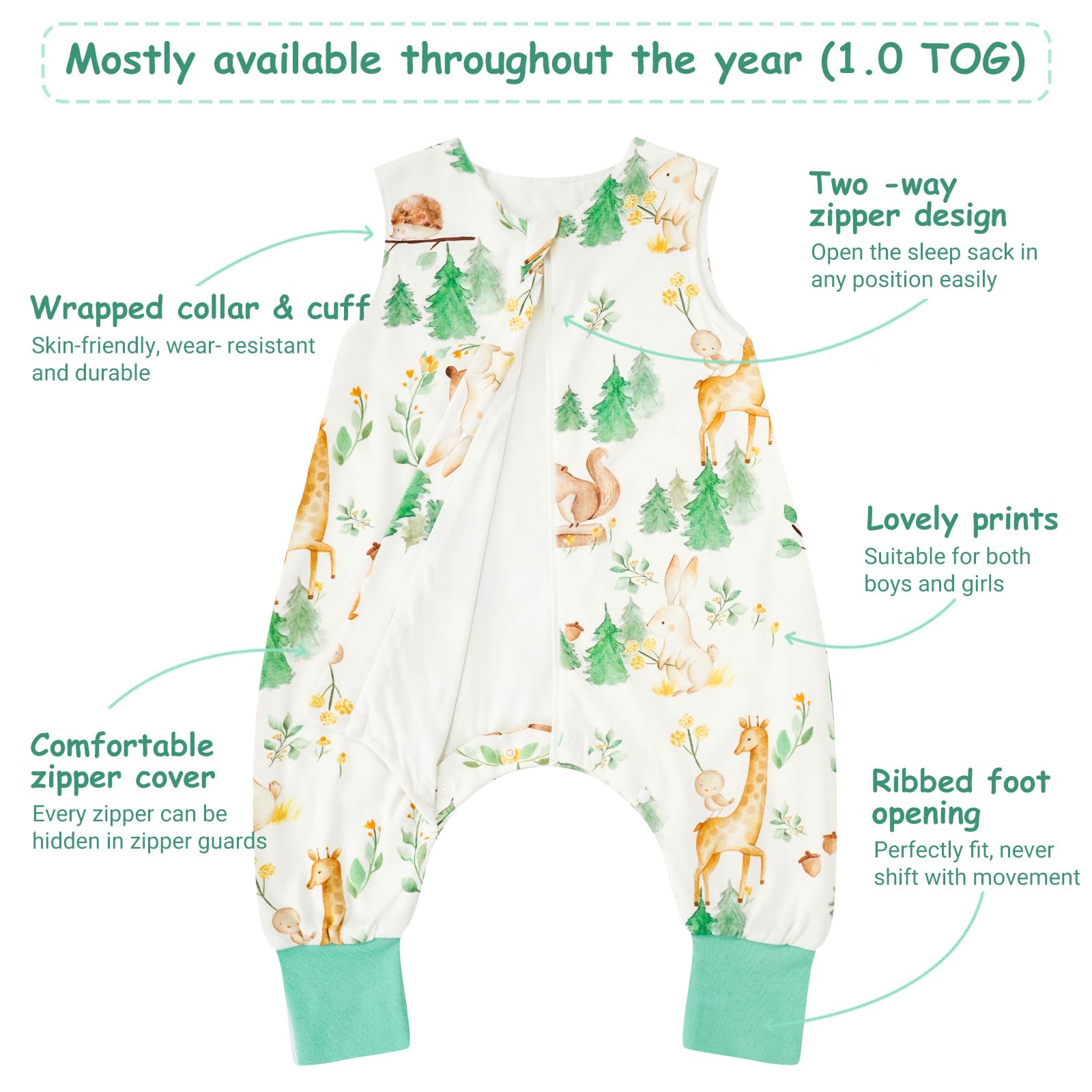 WYTbaby Sacco Nanna Con Piedini 1.0 Tog,100% Cotone Sacco Nanna Primaverile Per Ragazze e Ragazzi, Animali Della Foresta + Verde(2 Pezzi)
