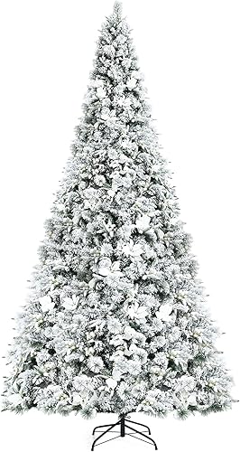 COSTWAY Árbol de Navidad con bisagras flocado de nieve de 8 pies con bayas y flores de Pascua
