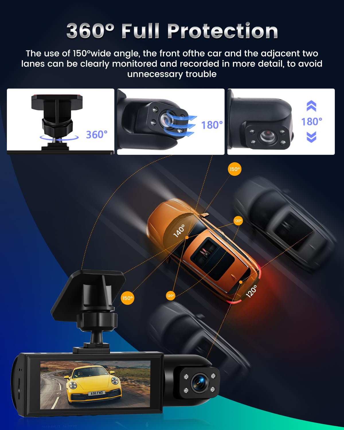 NHOPEEW Cámara Dual para salpicadero con cámara de 1080p - Cámara Frontal para salpicadero de 3,16 Pulgadas con grabación en Bucle, visión Nocturna, detección de Movimiento y Tarjeta TF de 64 GB
