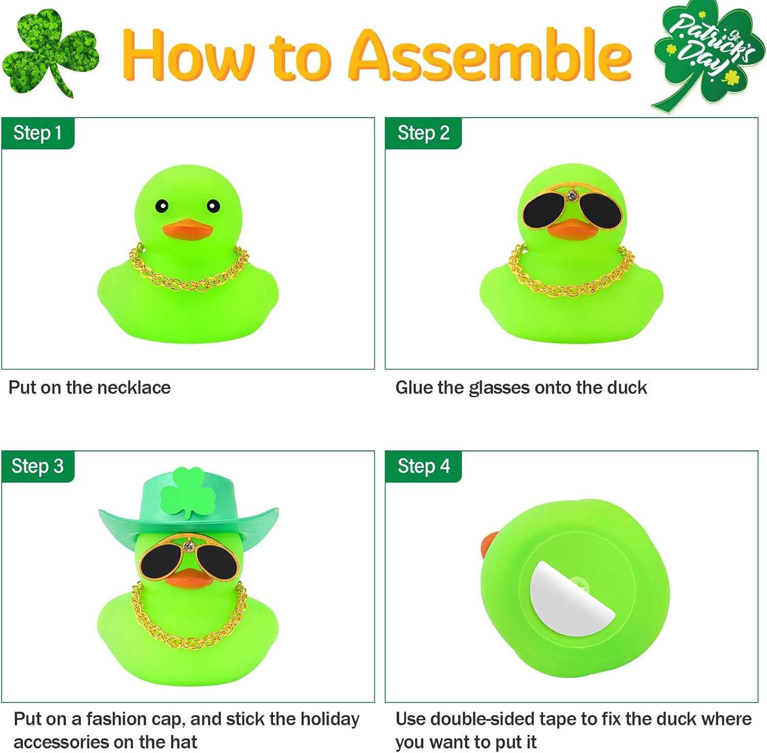 wonuu St. Patrick's Day Car Rubber Duck, Dashboard Decorations Green Shamrocks Hat Ducky for Car Ornament Accessories Ducks (Diamond Hat Gold Chain Green Duck)