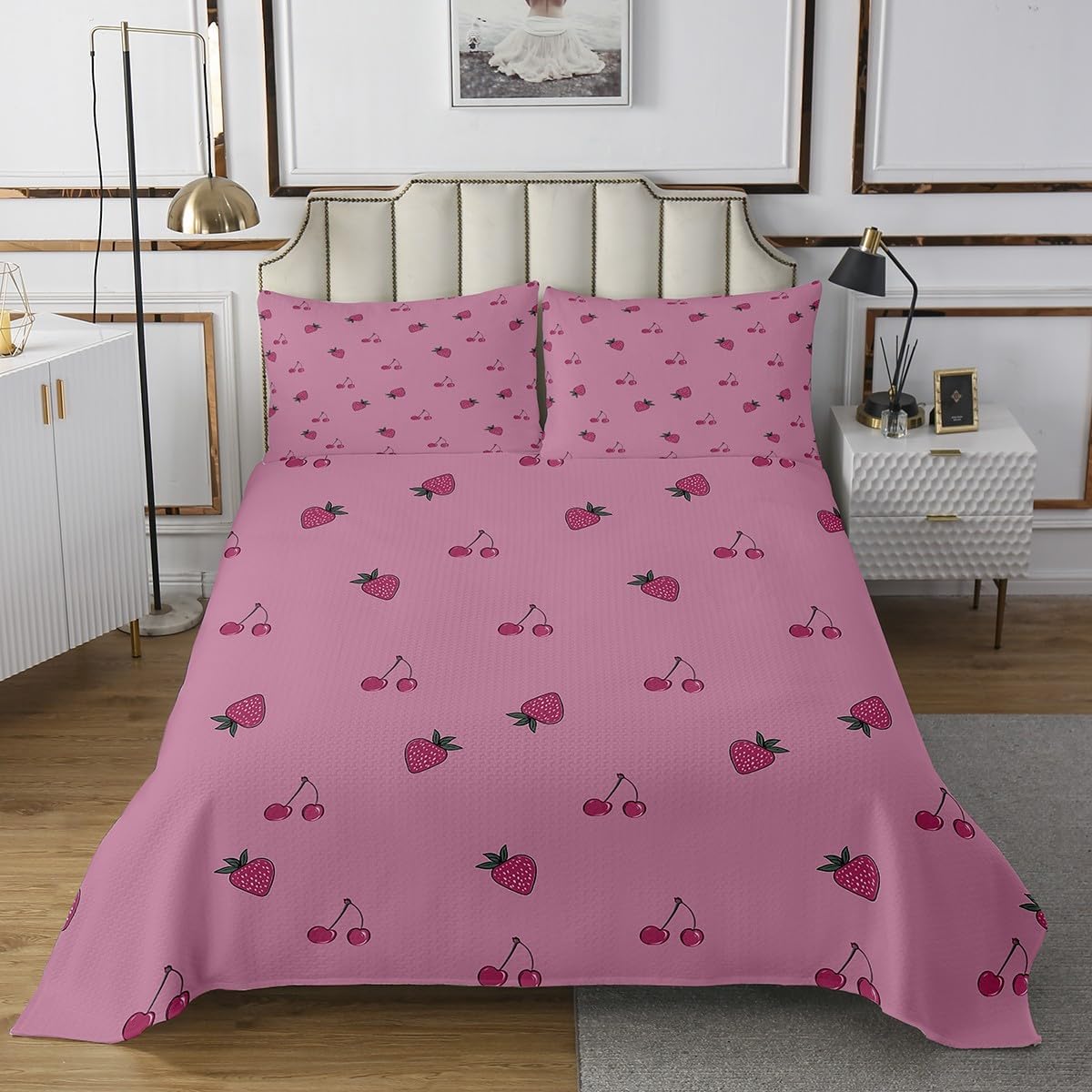 Erosebridal Kids Kawaii Quilt Twin Size Cute Strawberry Bedspread Girls Coverlet Set Room Decor Cartoon Fruit Bedspread Quilt Set Girly Strawberry Cherry Quilt Lovely Pink White Bedspread Quilt Set