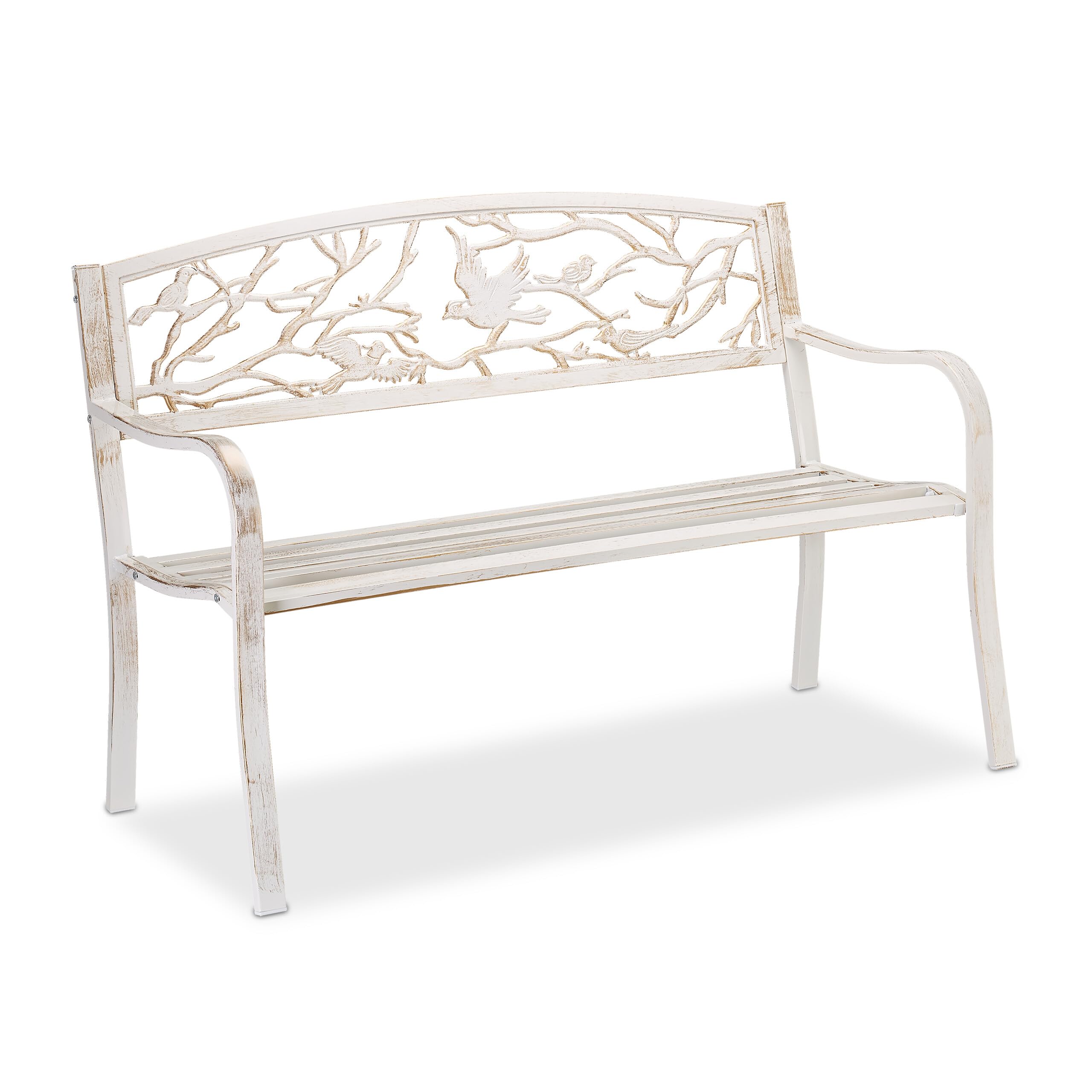 Relaxdays Panca da Giardino, con Volatili Decorativi, Accessorio di Arredo da Esterno, 87x127x57 cm, Bianco-Bronzo