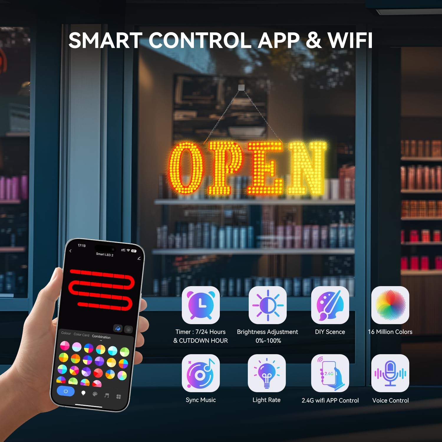 LED Open Signs for Buiness, 48"x16"Large Open Light Up Signs with Remote Controls, Smart App, DIY Editor Colours Sign Flashing Light for Storefront Window Bar Salon Cafes Retail Shops - Image 3