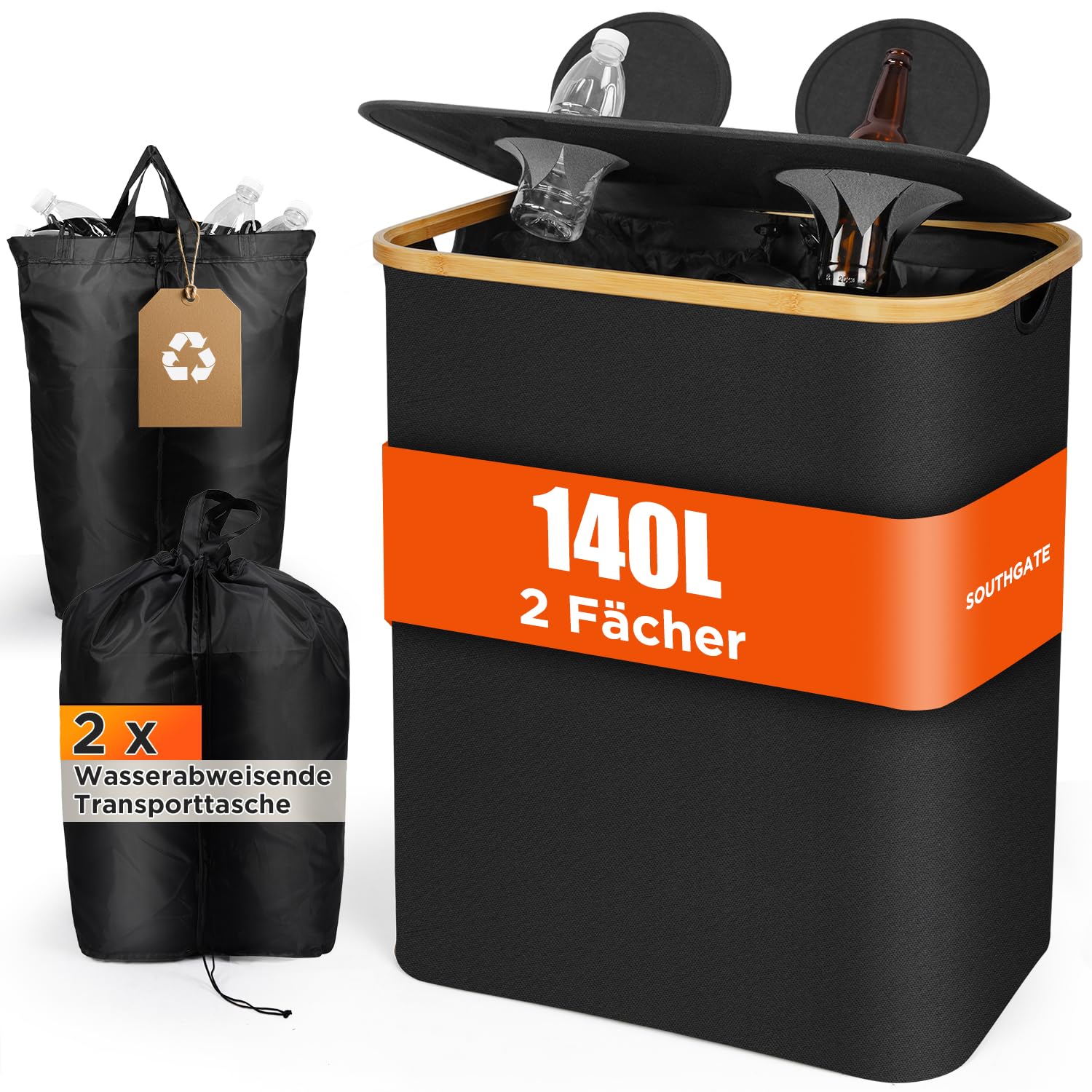 SOUTHGATE 140L Pfandflaschen Sammelbehälter, 2 Fächer, Schwarz