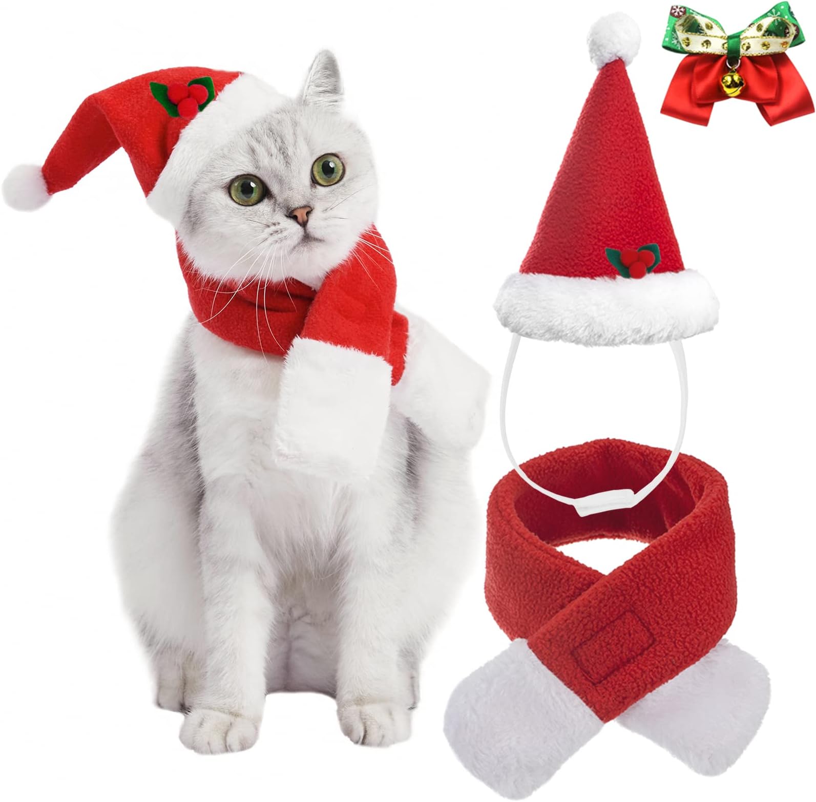 Christmas Cat Costumes Santa Hats and Scarf, Adjustable Xmas Outfit Clothes with Bow Tie for Pet Small Dog, Winter Warm Snowflake Hat for Cat, Kitty Puppy Xmas Gift Present