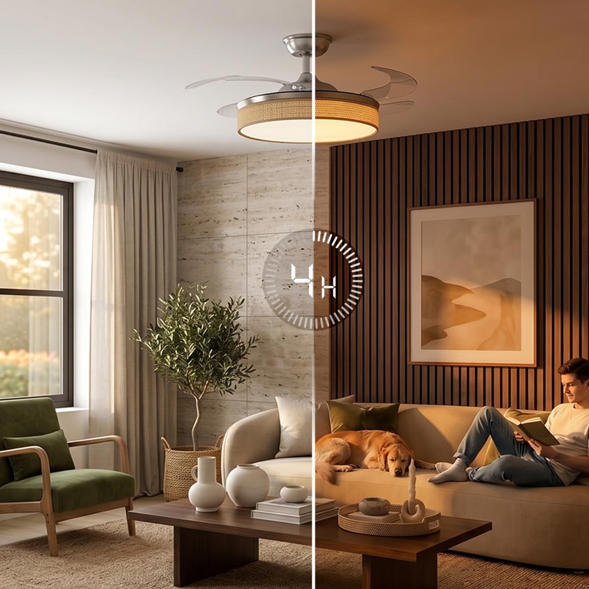 Cecotec Ventilatore da Soffitto con Luce con 3 Pale Retrattili EnergySilence Aero 4222 Invisible Textile. 30 W, Motore DC, Diametro 42", 3 Toni LED, Telecomando, 6 Velocità, Timer, Design In Tessuto