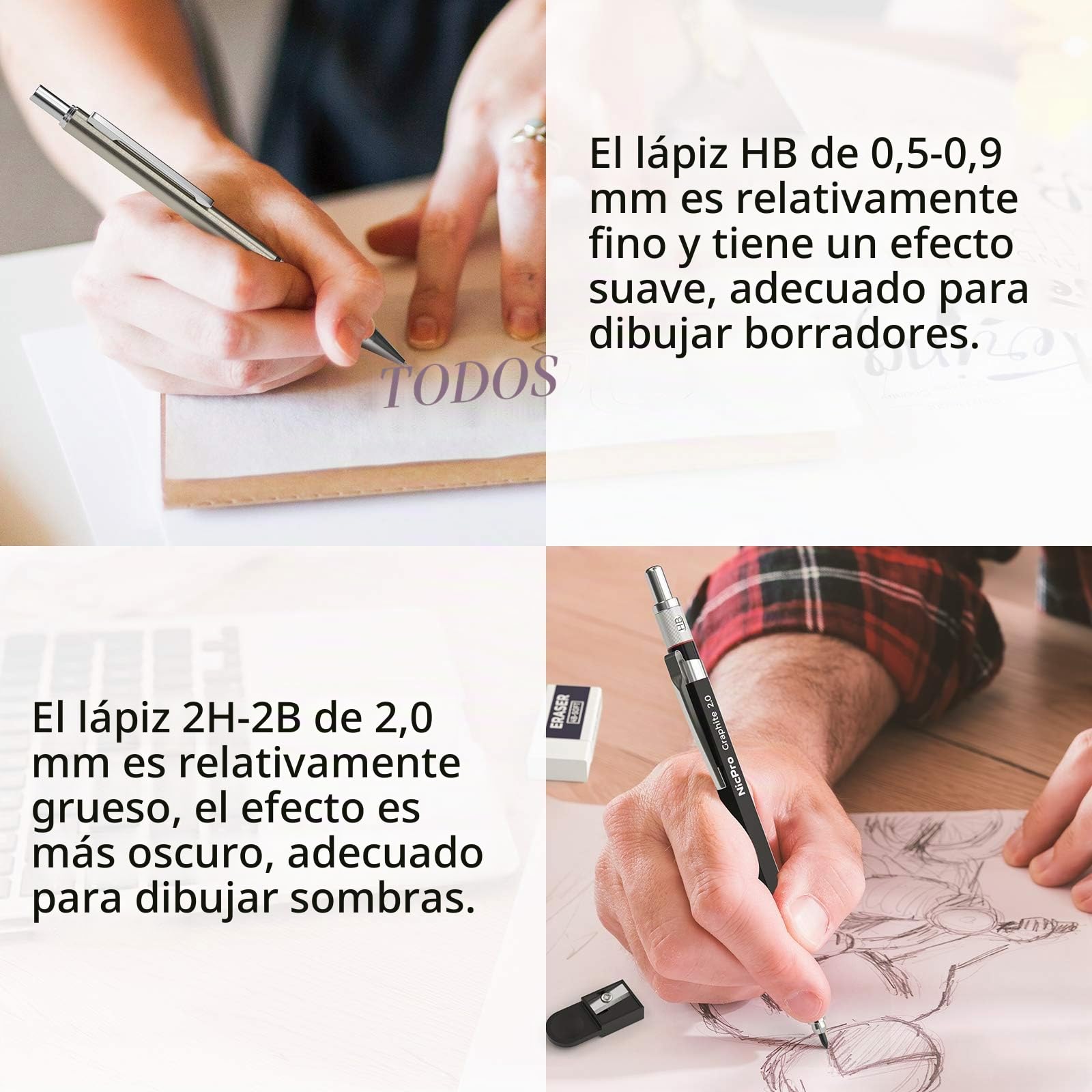 Nicpro 6 Piezas Lápices Mecánicos arte en Estuche Cuero, 0,5mm 0,7mm 0,9mm y 3 piezas 2 mm Portaminas con Recarga minas de Lápiz 16 Tubos (Negro 6B 4B 2B HB 2H 4H y Colores Minas)