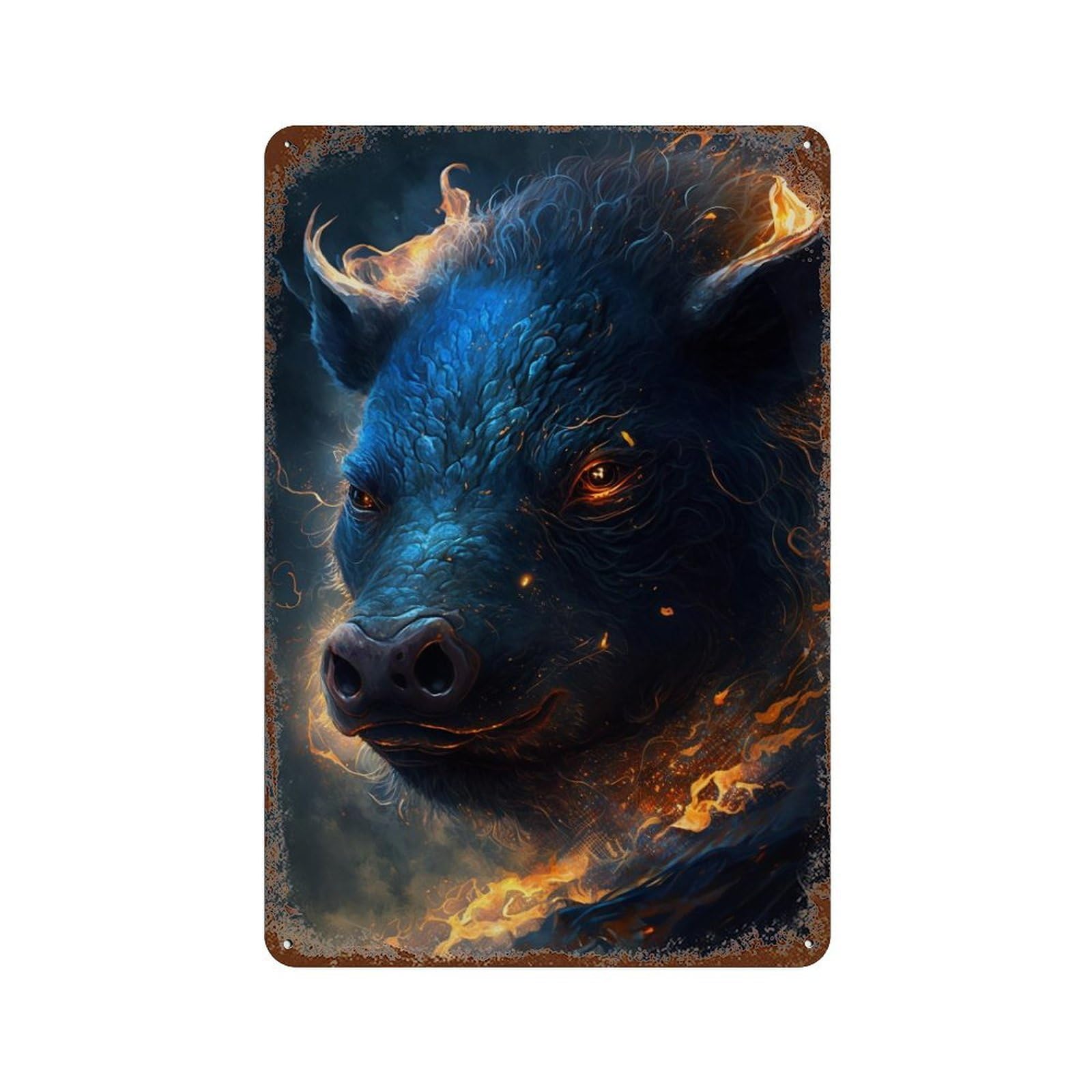 Rust Effect Flaming Wild Boar Art Print Aged Metal Wall Plaque 11.8"x7.9", Shabby Chic Decor for Living Room, Hallway And Home Decor