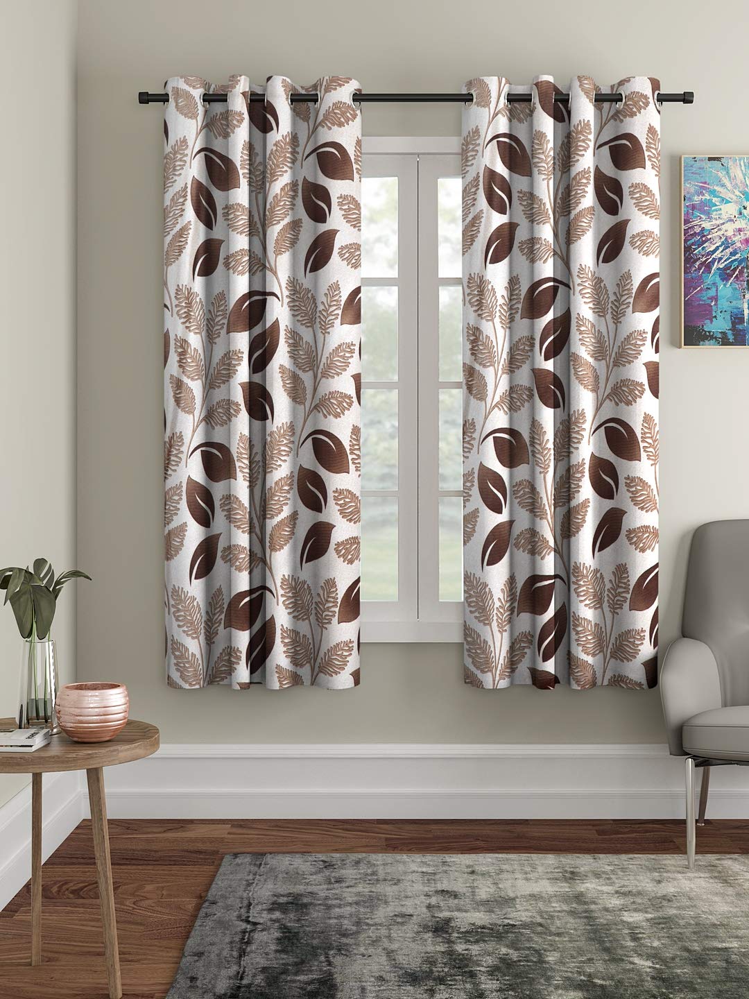 Cortina Floral Light-Filtering Polyester Curtains 5 feet Long Set of 2 for Window [ Opacity: 50-60%, Color: Brown, Printed Curtain -130 GSM ]-picture-11