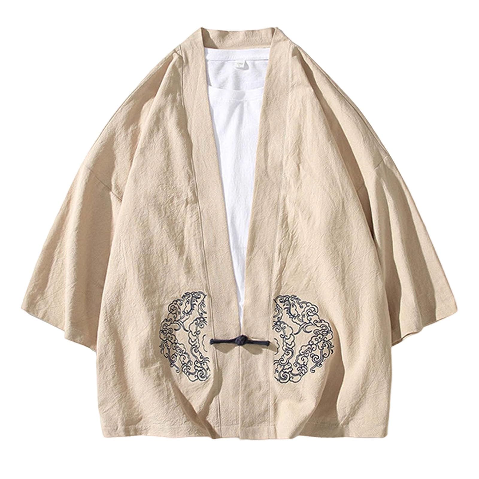 Generisch Kimono japonés para hombre Happi Haori Chaqueta tradicional Ropa de dormir Algodón Lino Abrigo Sakura Estampado Chaqueta de entretiempo Chaqueta de punto Samurai Yukata Camisón Albornoz