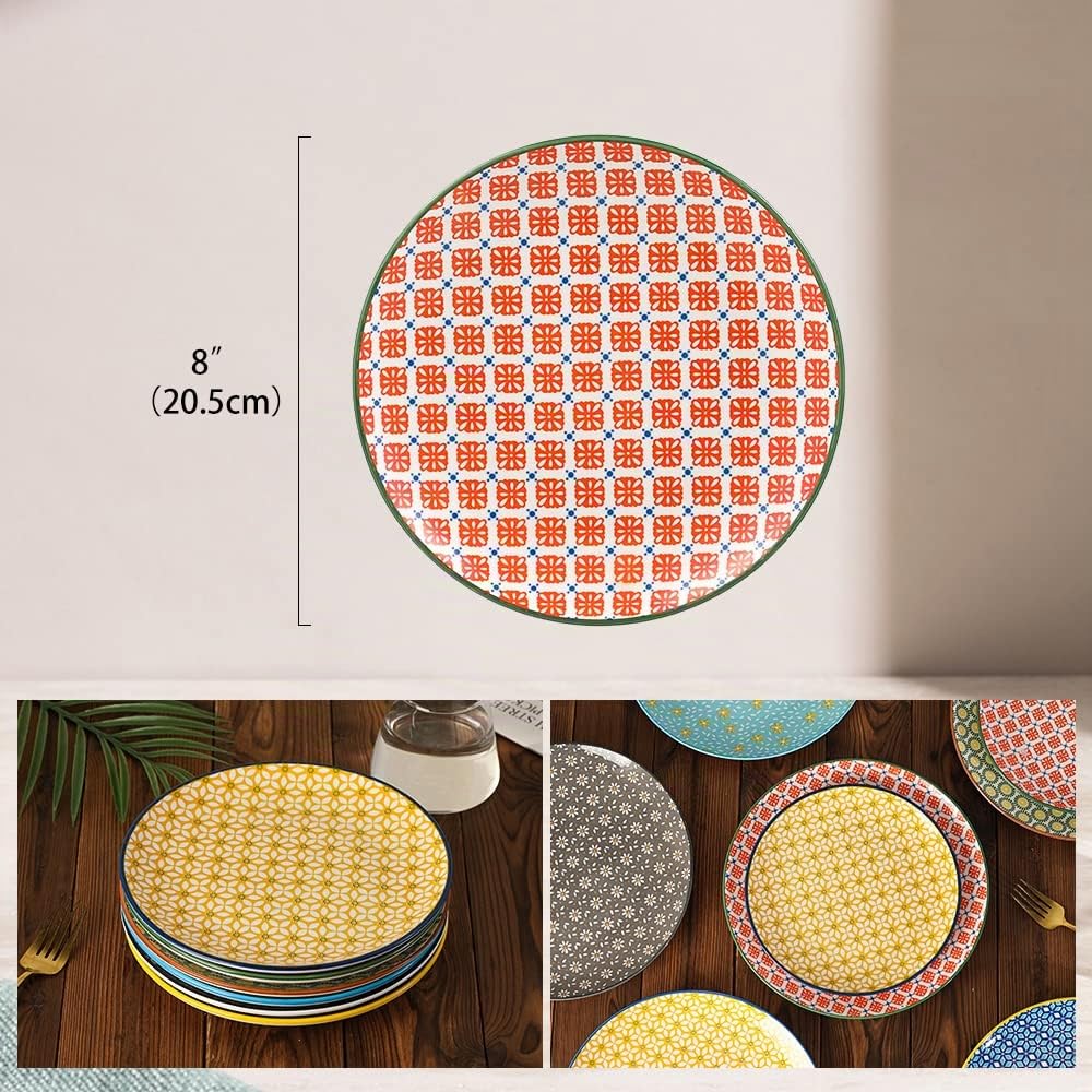 Set Piatti Servizio Piatto Ceramica - Piattini Dessert Porcellana da 6 Persone - Piatti Piani Colorati Moderni Design - Piattino Piano Gourmet per Dolce | Frutta | Pane | Insalata | Antipasti - 20 cm