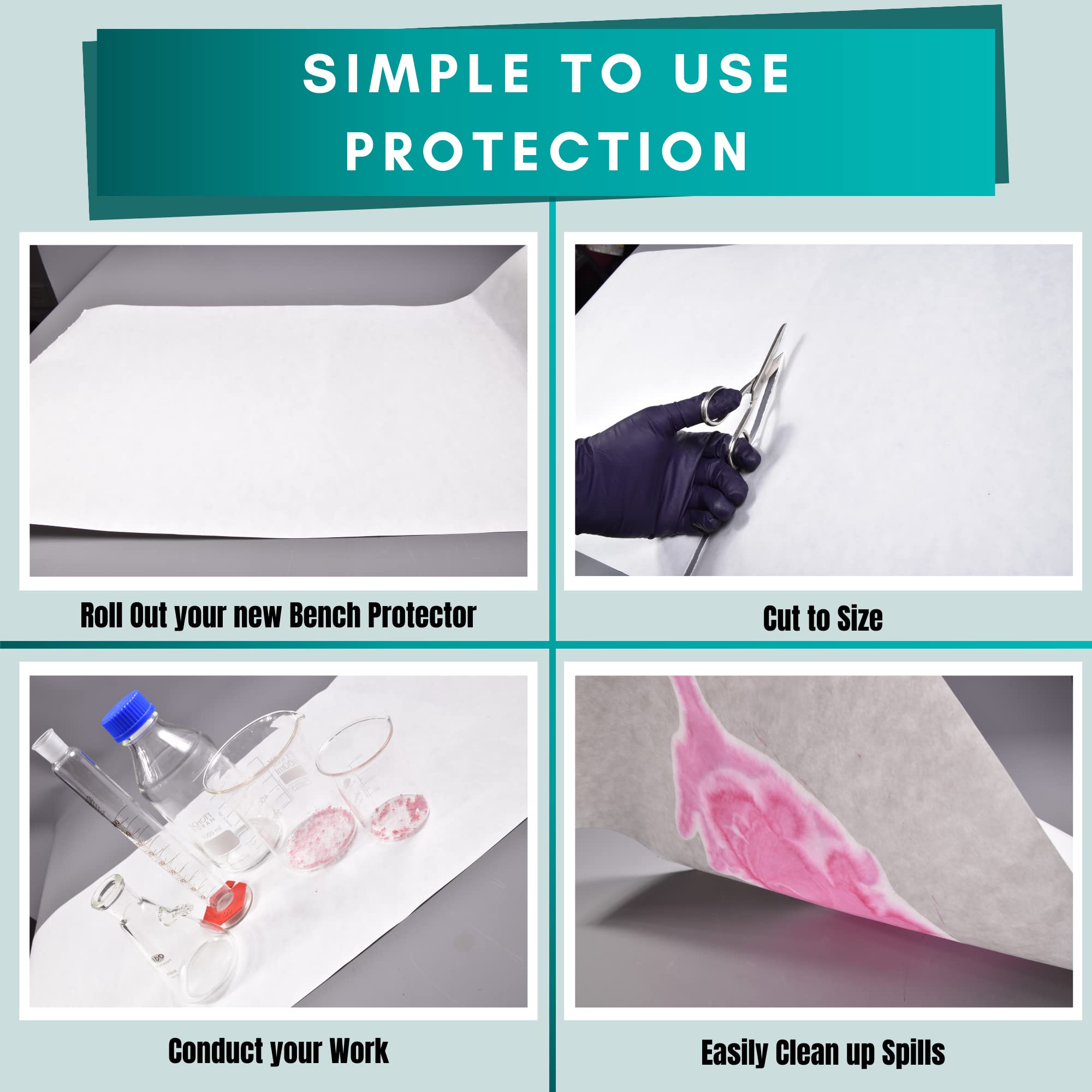 Rollo de papel protector de banco de laboratorio 460 mm x 50 m, doble barrera, absorbe derrames de líquidos