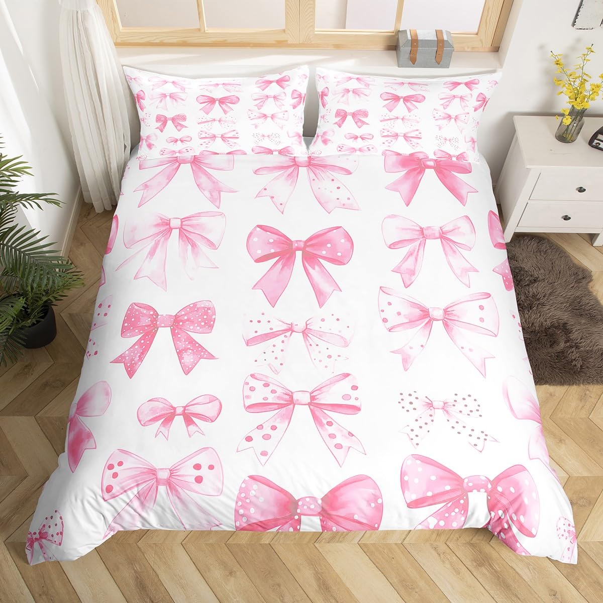 Homewish Pink Ribbon Bow Duvet Cover Princess Girls Bedding Sets, Watercolor Ribbon Bowknot Bed Cover Dreamy Coquette Bed Set King