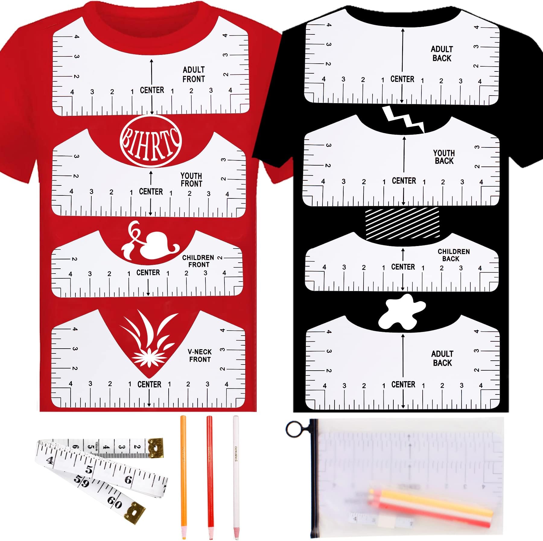 BIHRTC 8PCS T-Shirt Ruler Guide Alignment Tool PVC T Shirt Ruler to Center Designs for Vinyl Placement Heat Press with 3PCS Sewing Mark Chalk Pencil 1PC 60Inch Tape Measure Tshirt Ruler Guide