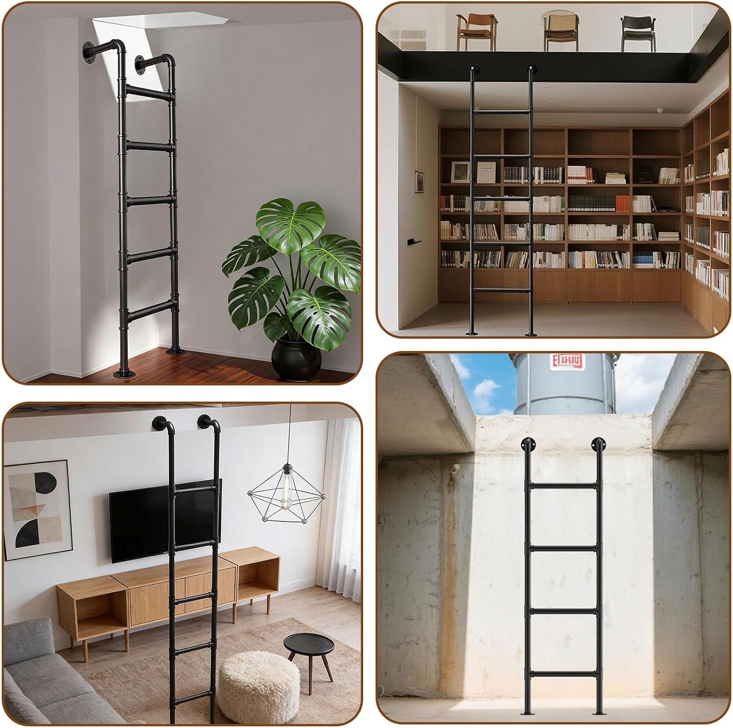 4ft-9ft Wall Mounted Metal Attic Loft Ladder - Black Space-Saving Step Ladder for Bunk Beds, Basement Egress & Emergency Escape, Durable & Sturdy Design (143cm/56in)