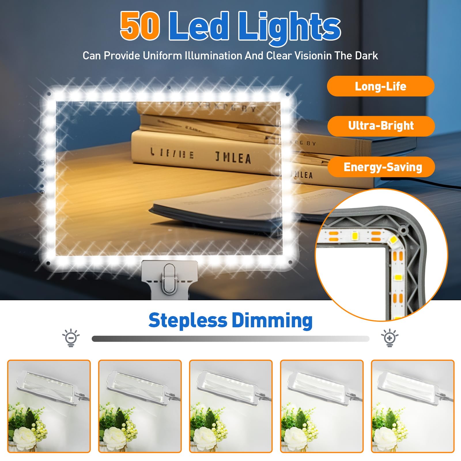 Lupa de página completa recargable de 10 aumentos para lectura, lupa de mano grande de 10.6 x 7.8 pulgadas con luz y soporte, 50 luces LED y lámpara de aumento 3 en 1 de cuello de cisne para