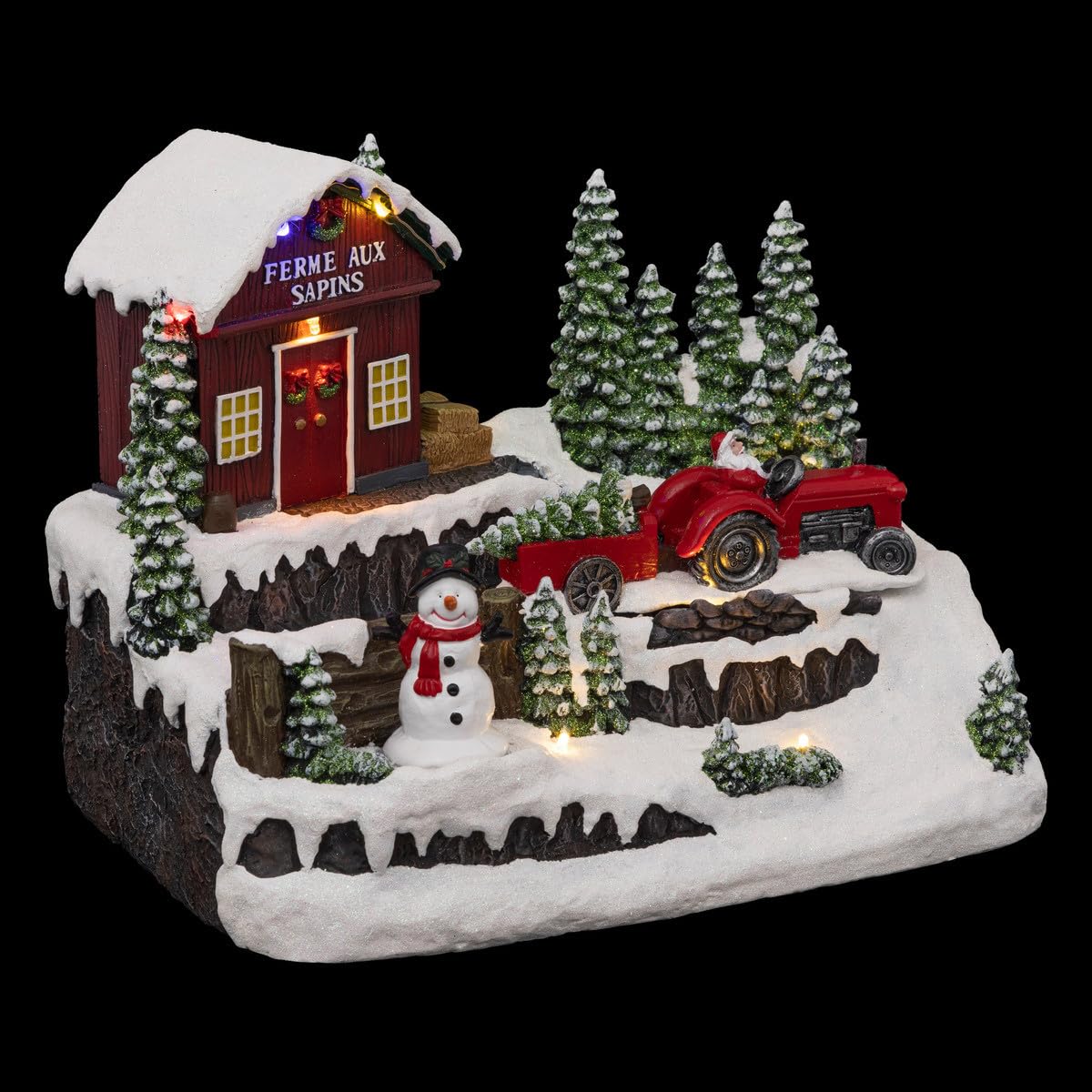 FEERIC LIGHTS & CHRISTMAS Pueblo de Navidad muñeco de Nieve Tractor Animado/Musical 10 LED + Transformador
