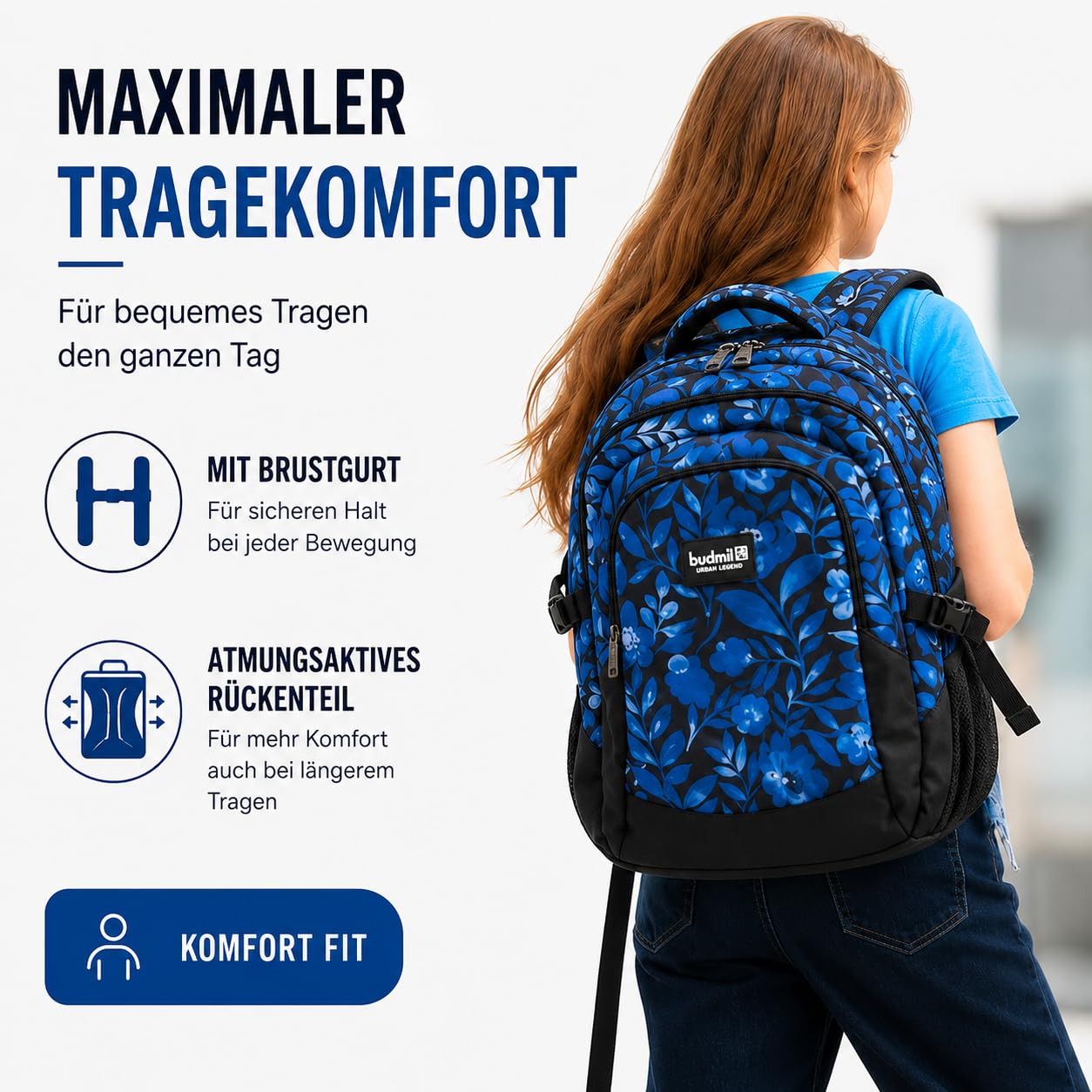 budmil Zaino per la scuola ergonomico per ragazzi e ragazze, 32 litri, per adolescenti e bambini a partire dalla classe 5, impermeabile, zaino con 3 scomparti e schienale ventilato, Blu (Blue Flower