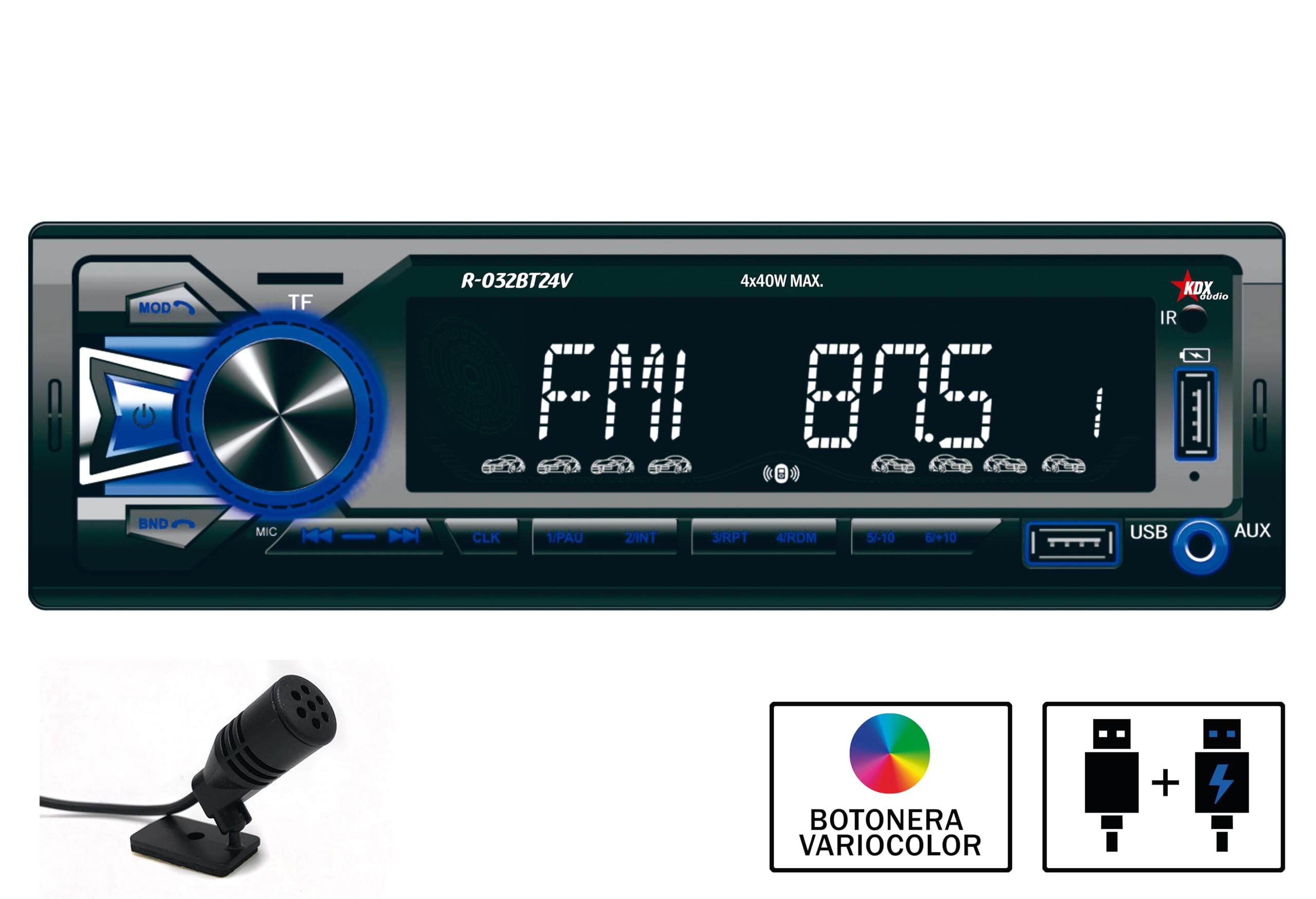 Autoradio para Coche KDX-Audio R-032BT24V. Reproductor MP3/WMA con Bluetooth Manos Libres y Stream de Audio. Iluminación botonera Variable. USB en Panel Frontal con función de Carga y Voltaje 24V