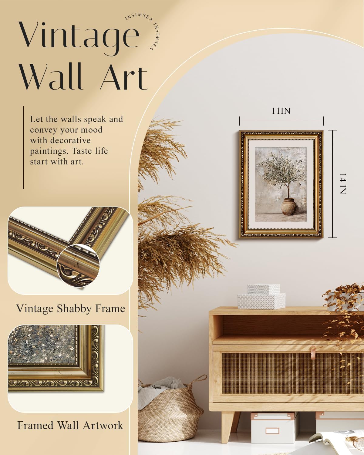 Condition photo showing As Is for InSimSea Retro Gold Framed Wall Art, Vintage Olive Tree in Vessel Home Wall Decor, Canvas Print Artwork, Farmhouse Country Decor, Antique Picture Frame Still Life Botanical Paintings, 11x14 Inch Olive Tree 14"L x 11"W