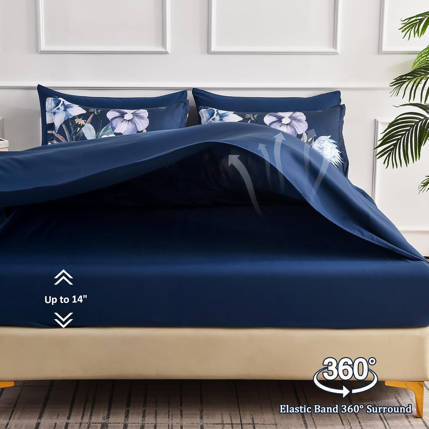 Luxudecor Floral Comforter Set Queen Size 7 Piece, Navy Flower Bed in a Bag, Elegant Floral Comforter with Sheet Set, Soft Microfiber Bedding Set for All Season (Navy, 90"x90") - Image 5