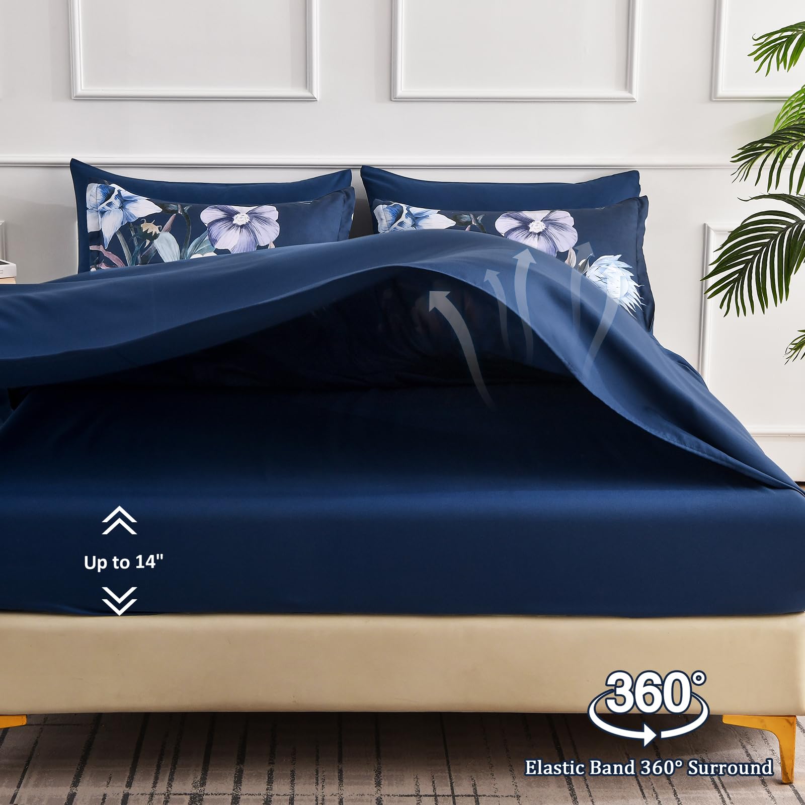Luxudecor Navy Blue Comforter Set King Size, 7 Pieces Bed in a Bag Navy Blue Floral Comforter and Sheet Set, Soft Microfiber Complete Bedding Sets for All Seasons