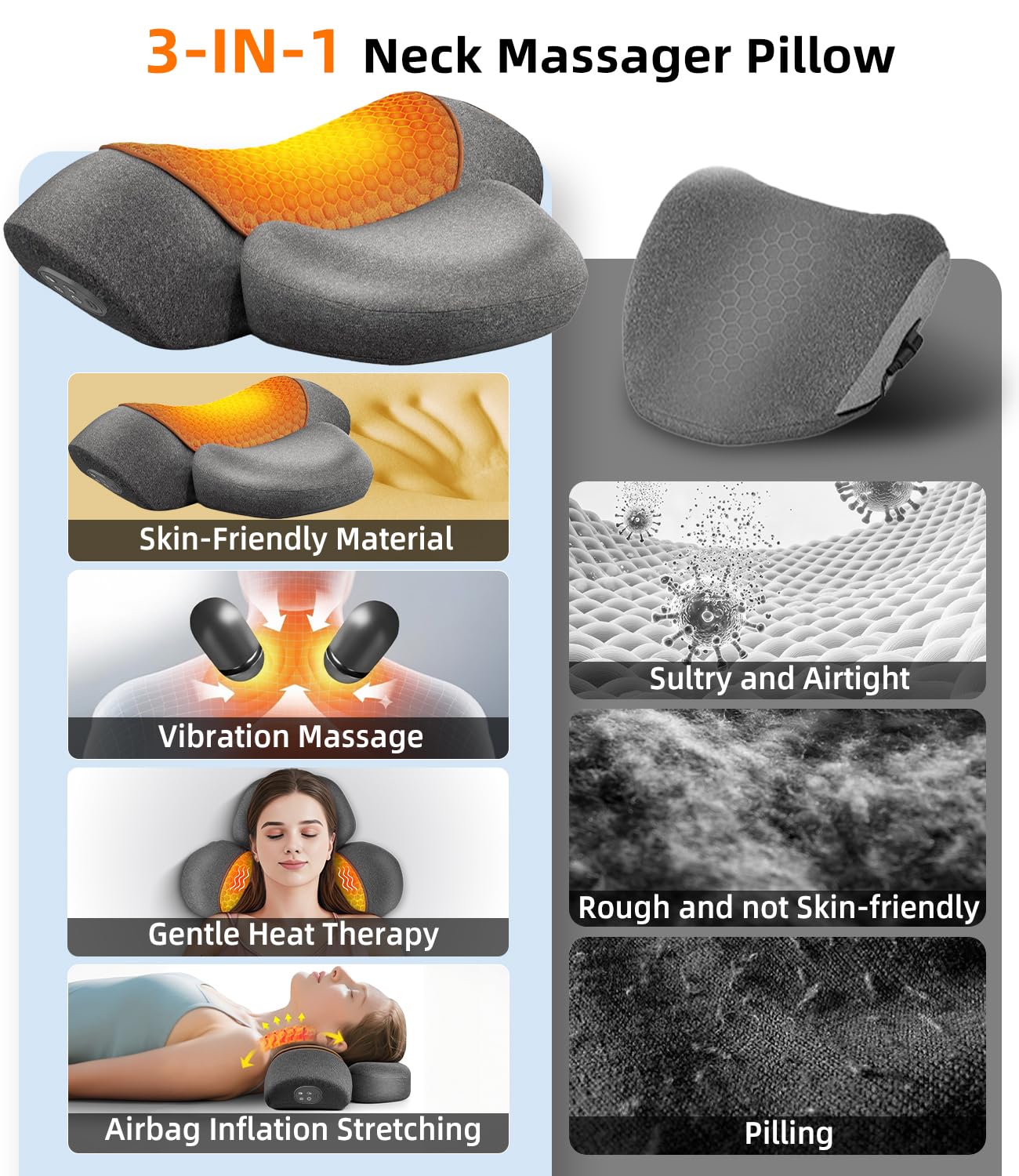 Upalled Cordless Heated Neck Massager Pillow for Pain Relief Deep Tissue, 3-in-1 Rechargeable Neck Cervical Traction Device with Heat, Massage, Electric Stretch, Ergonomic Neck Shoulder Relaxer, Grey — view 7