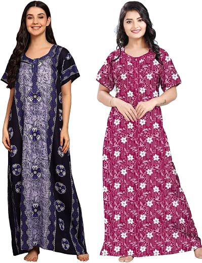 MYRELOOK Women Cotton Nighty Combo Pack of 2, Printed Maxi Night Gown, Short Sleeve Nightdress, Soft Breathable Cotton Sle...