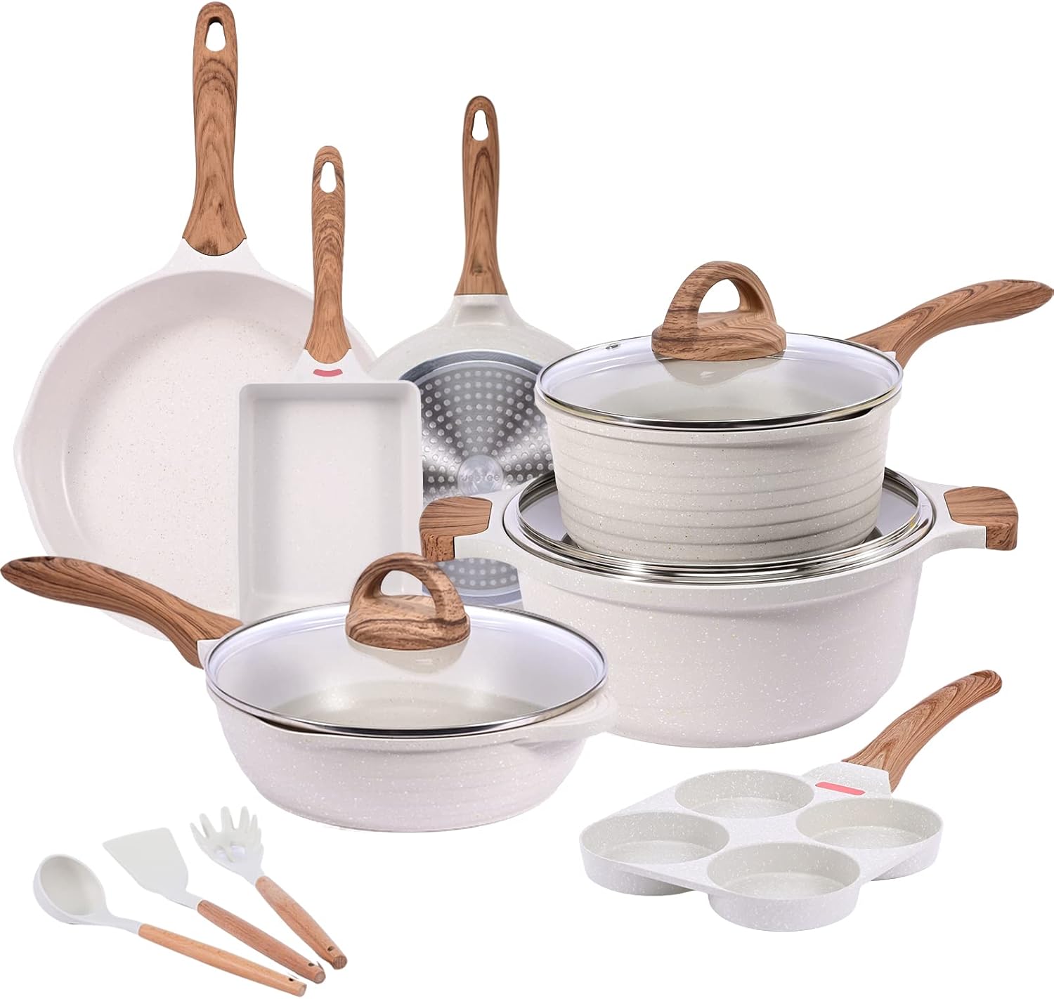 JEETEE Pots and Pans Set Nonstick White Granite Induction