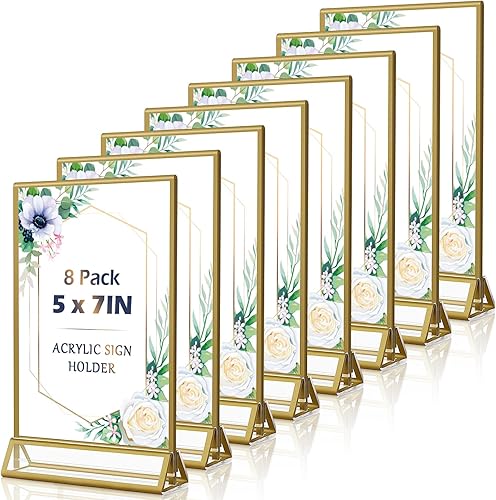 Miniatura 9 de Soportes acrílicos para letreros dorados, paquete de 8 marcos de números de mesa de boda de 7 x 5 pulgadas, soportes de menú de mesa de doble cara