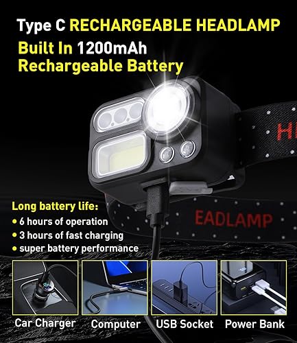 Miniatura 6 de Linterna frontal recargable de 1200 lúmenes, luces LED recargables con sensor de movimiento con luz roja, luces de cabeza de 14 modos para la