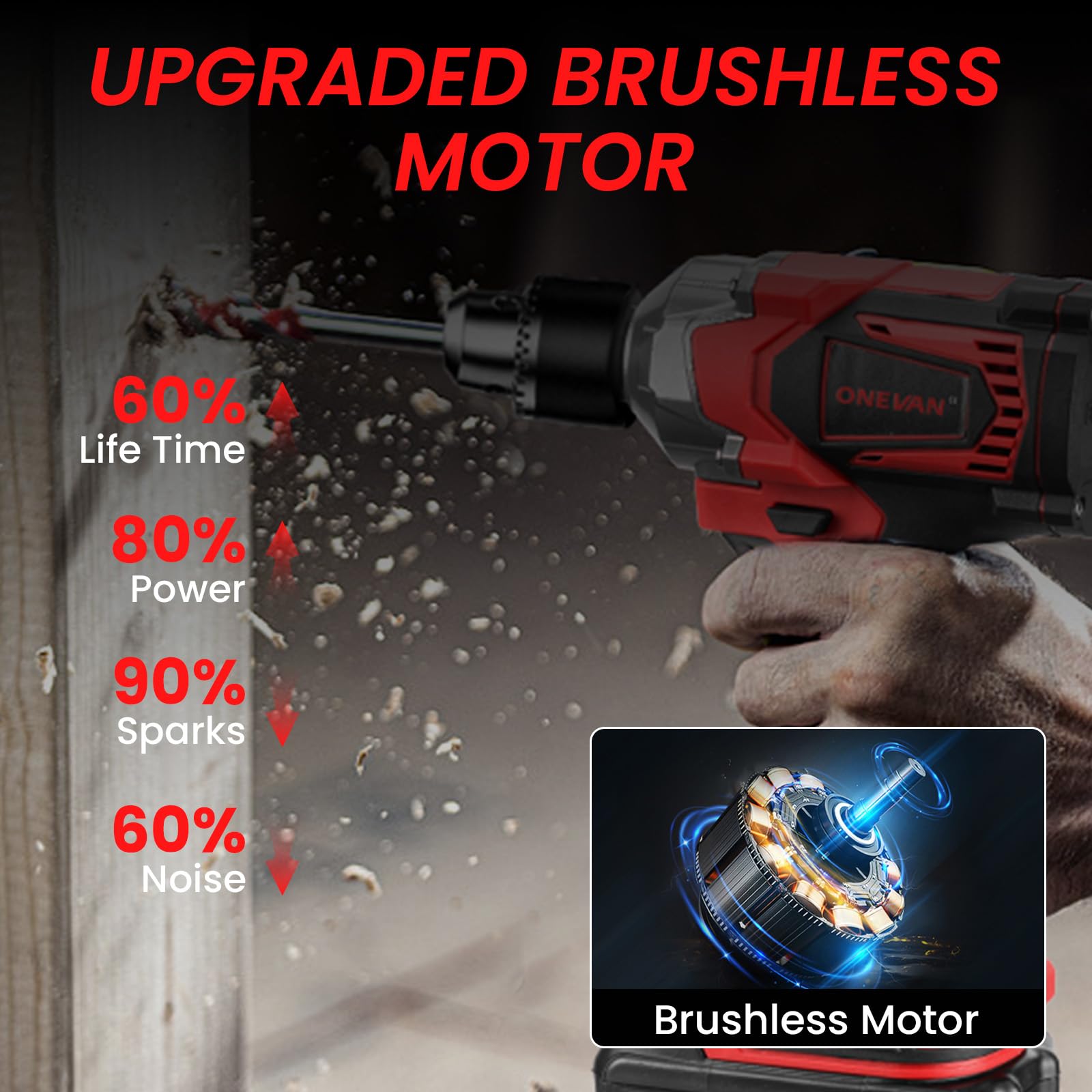 ONEVAN Avvitatore a impulsi a batteria 700Nm, con 2 batterie e set bussole | senza spazzole, 2 batteries de 3.0Ah, 4 velocità (avanti e indietro), include cassetta degli attrezzi e adattatore per trapan