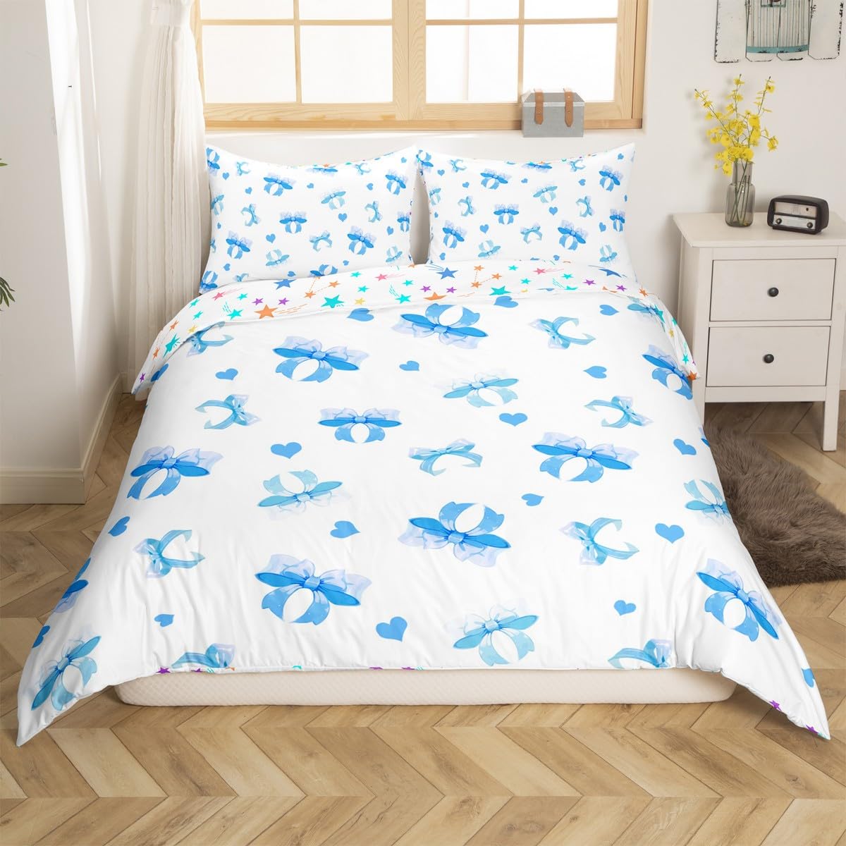 jejeloiu Girls Blue Bow Bedding Set Toddler Size Kids Cute Bowknot Comforter Cover for Boys Girls Bow Tie Duvet Cover Soft Microfiber,No Comforter