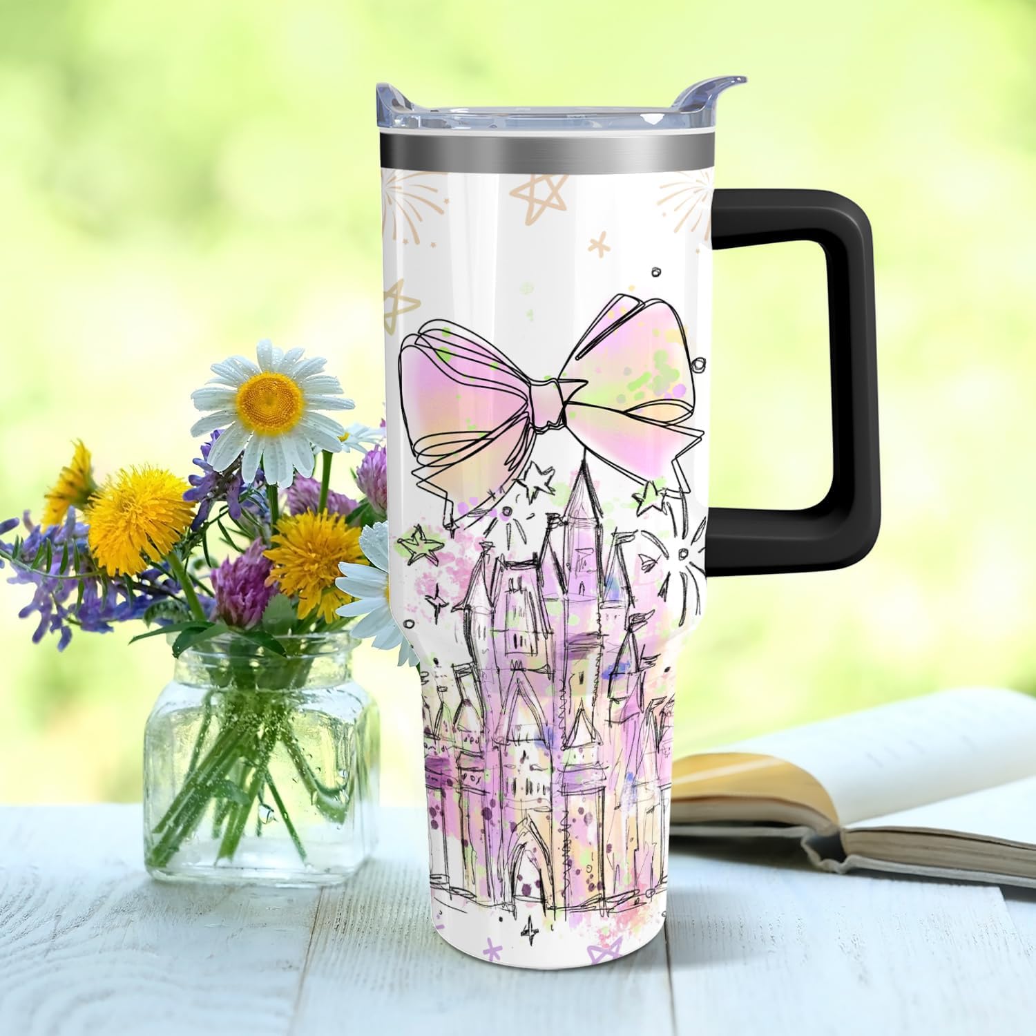 40oz Cartoon Castle Theme Tumbler | with Handle and Lid and Straw | Bowknot and Firework Travel Coffee Mug -Birthday,Christmas Gift - Image 5