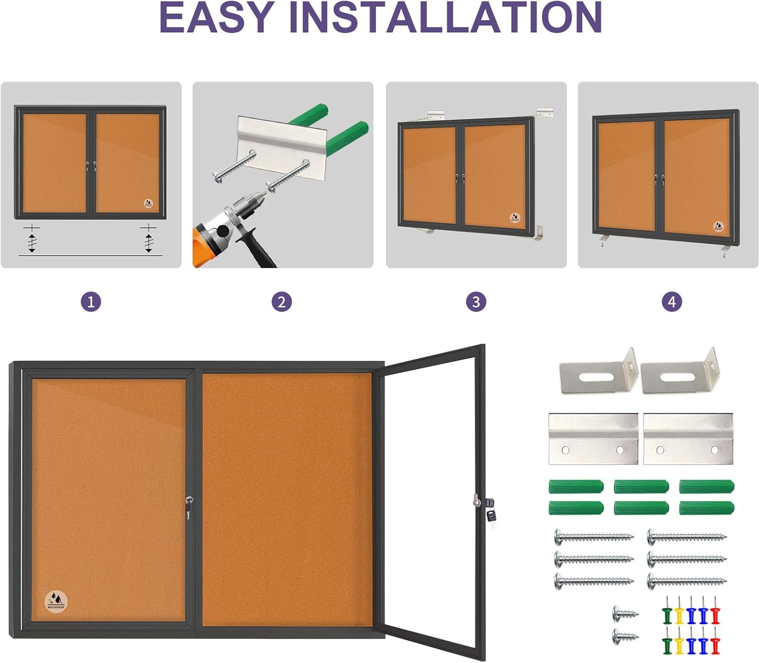 Double-Door Outdoor Enclosed Bulletin Board Weatherproof Bulletin Board with Locking Door, 44x32 Inch Wall-Mounted Message Board for Notices & Announcements
