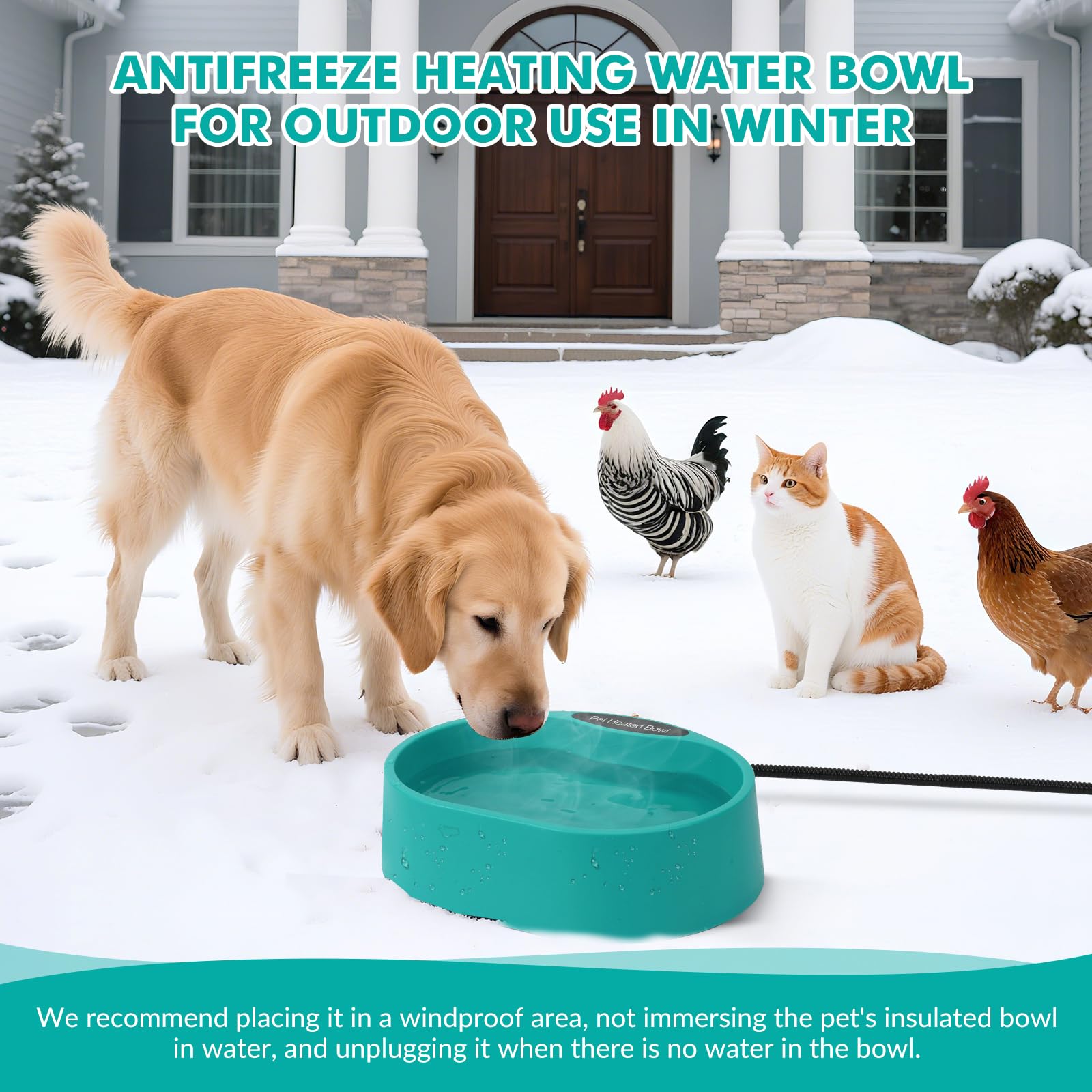 Cuenco grande de agua con calefacción para perros y gatos, cuenco térmico para perros, cuenco impermeable para mascotas, para exteriores, plato de agua calentado anticongelante para conejo, pollo