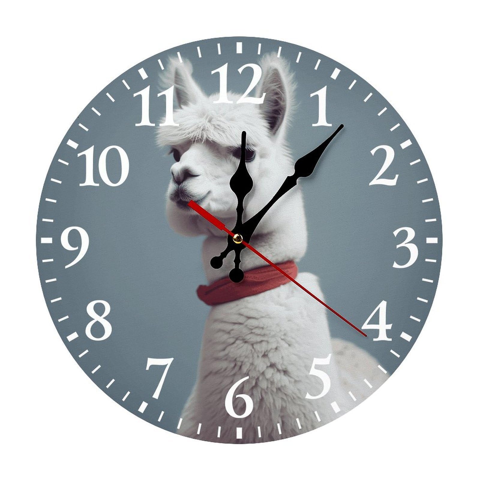 QMNLKH Alpaca Wall Clock for Home, Battery Operated Clock for Hotel, Round Wall Clock with Arabic Numerals White, Easy to Read, Non-Ticking Clocks for Living Room 25 * 25cm