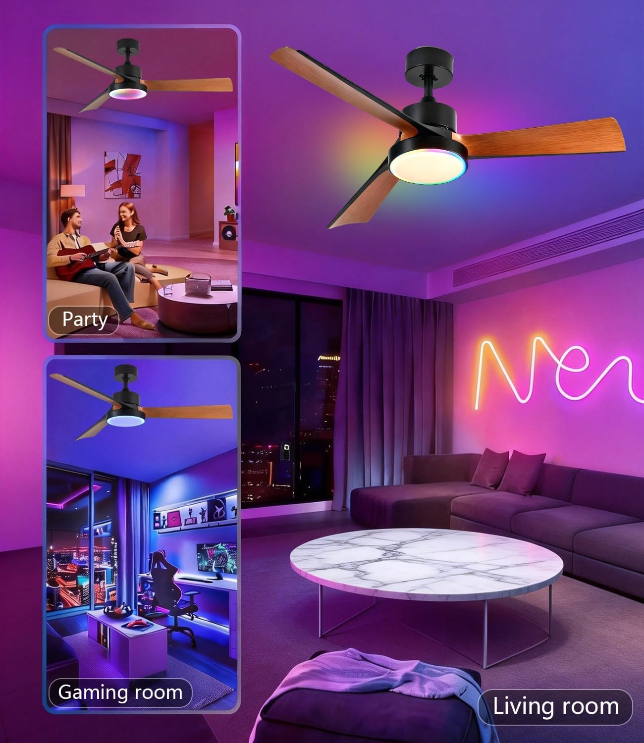 Smart Deckenventilator mit Beleuchtung und Fernbedienung 132cm Leise Lampe mit Ventilator, Dimmbar RGB-Ambientlicht, App & Alexa Steuerung, Reversibel 6 Geschwindigkeit, Lüfterlicht für Schlafzimmer